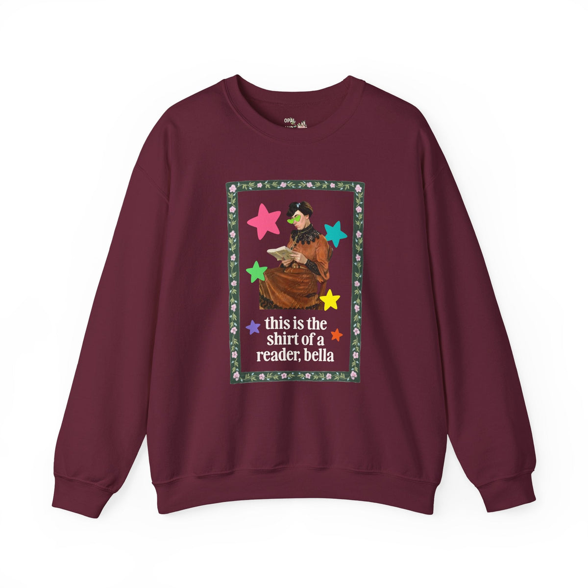 Funny Bookish Sweatshirt for Romance Reader Who Loves Early 2000s Novels, Silly Ary History Buff Crewneck with Stars, Painting of Woman Reading - Opal and June