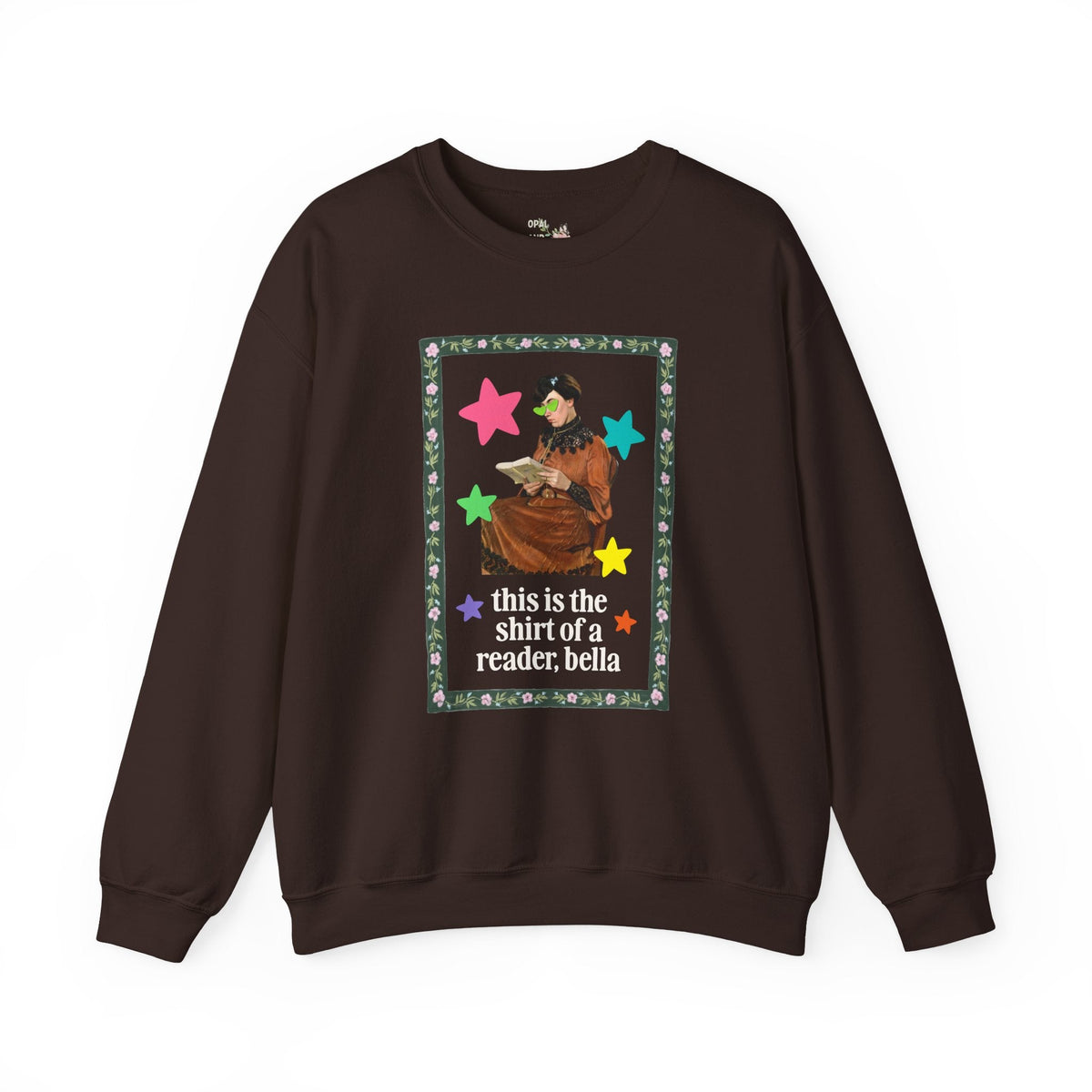 Funny Bookish Sweatshirt for Romance Reader Who Loves Early 2000s Novels, Silly Ary History Buff Crewneck with Stars, Painting of Woman Reading - Opal and June