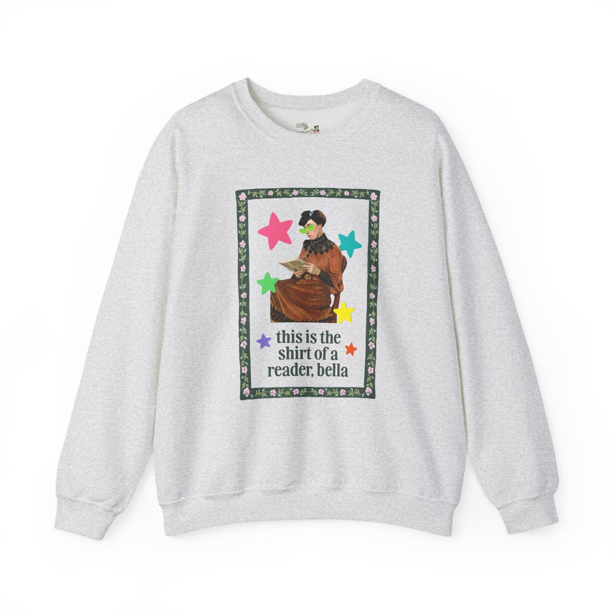 Funny Bookish Sweatshirt for Romance Reader Who Loves Early 2000s Novels, Silly Ary History Buff Crewneck with Stars, Painting of Woman Reading - Opal and June