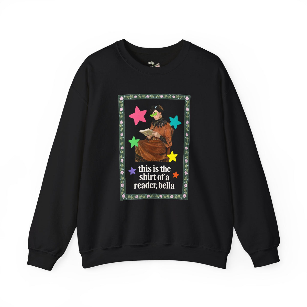 Funny Bookish Sweatshirt for Romance Reader Who Loves Early 2000s Novels, Silly Ary History Buff Crewneck with Stars, Painting of Woman Reading - Opal and June