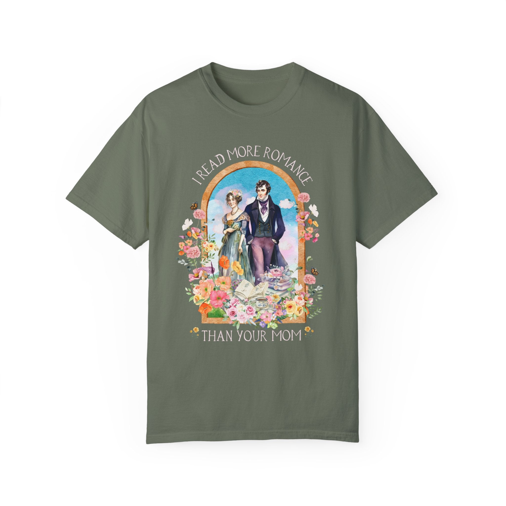 Funny Bookish Tee Shirt for Regency Romance Reader: I Read More Romance Than Your Mom | Floral Book Lover T-Shirt, Historical Romance Gift - Opal and June