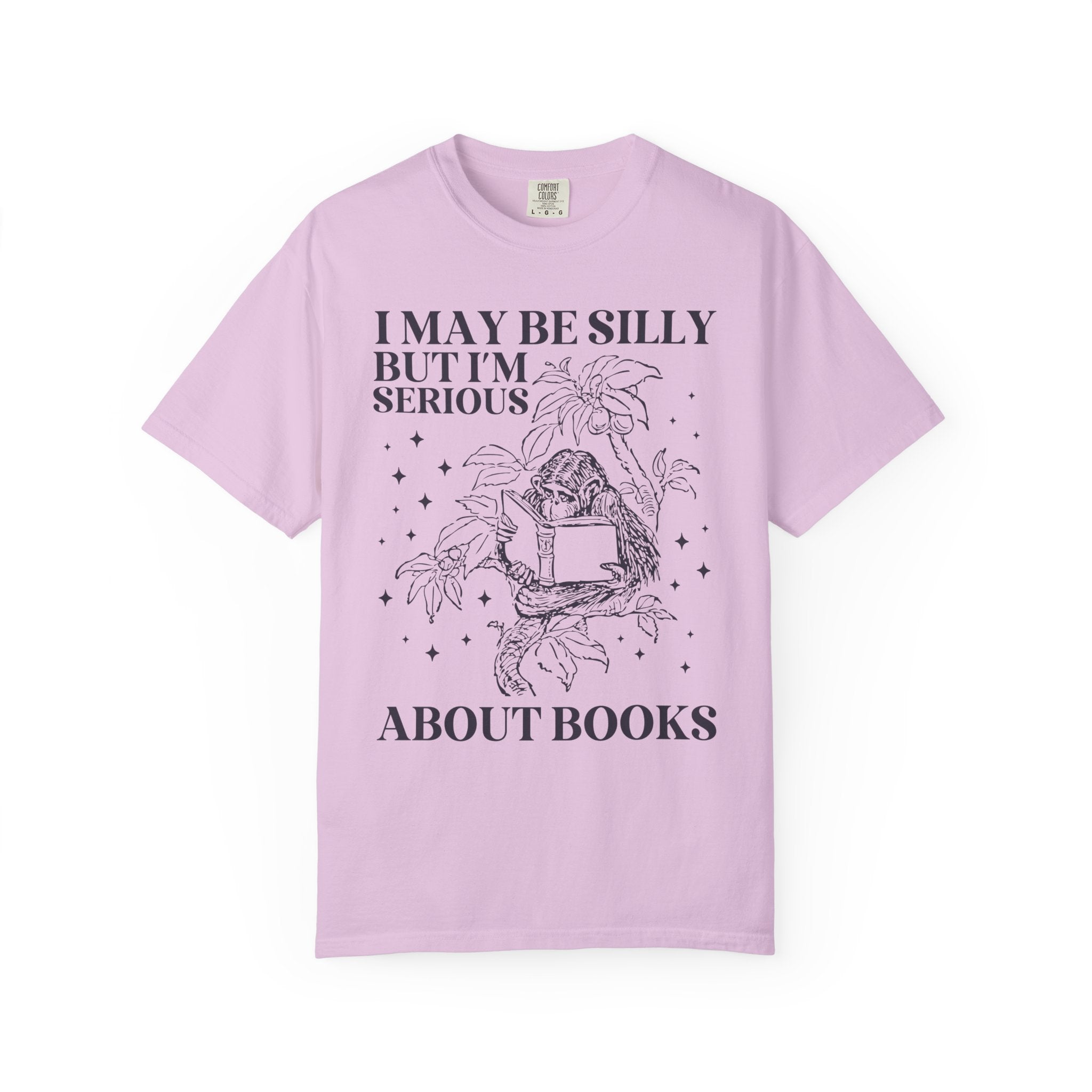 Funny Bookish Tee Shirt with a Monkey Reading a Book: I May Be Silly But I'm Serious About Books, Cute Book Lover Gift Idea, Reading Teacher - Opal and June