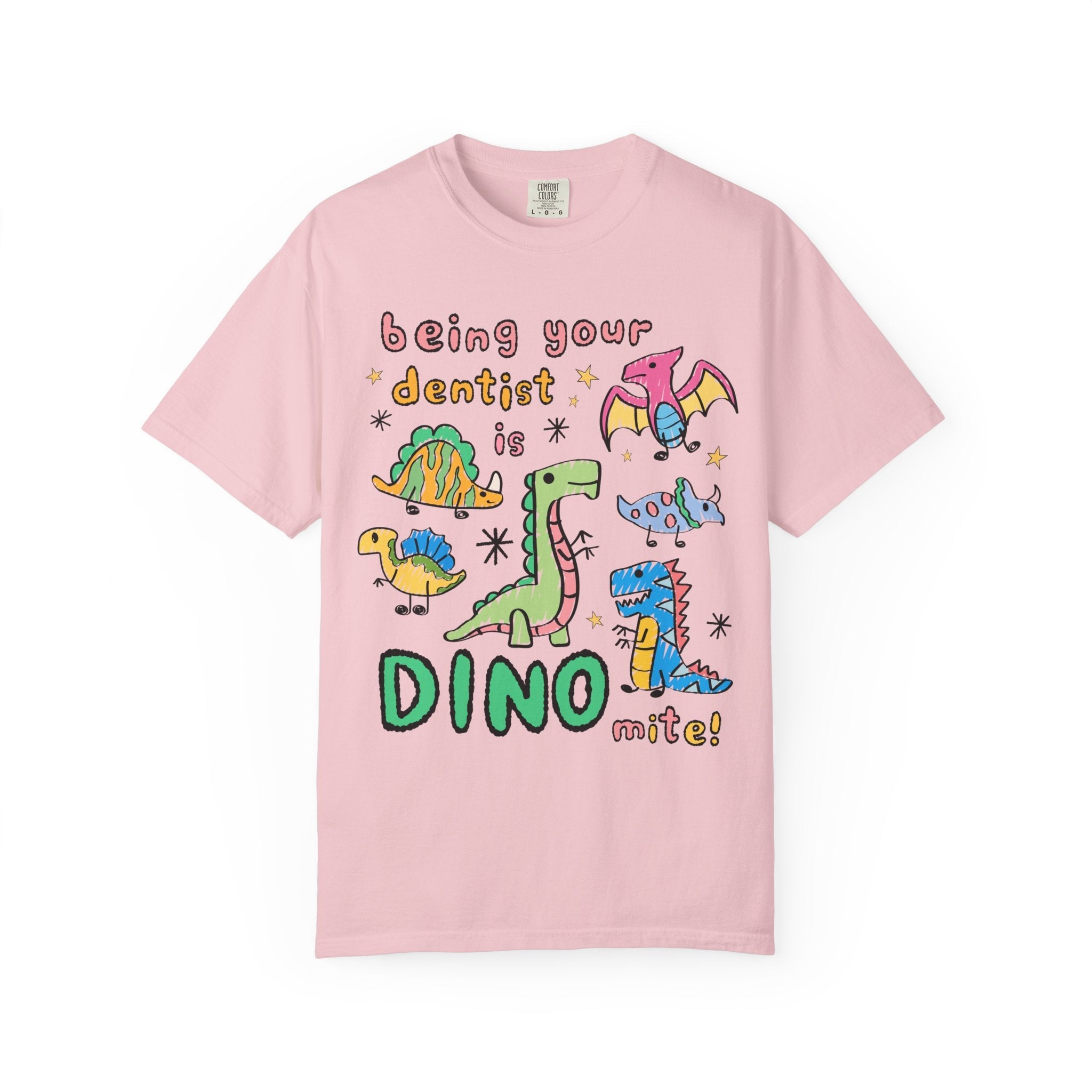 Funny Dentist Tee Shirt for Dentist, Dental Hygienist Who Loves Dinosaurs: Being Your Dentist is Dino - Mite! Funny Sarcastic Gift for Dentist - Opal and June