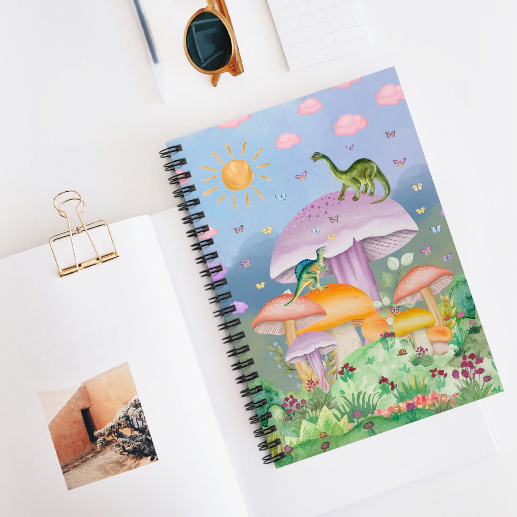 Funny Dinosaur Notebook with Mushrooms: Spiral Notebook with Lined Pages - Opal and June