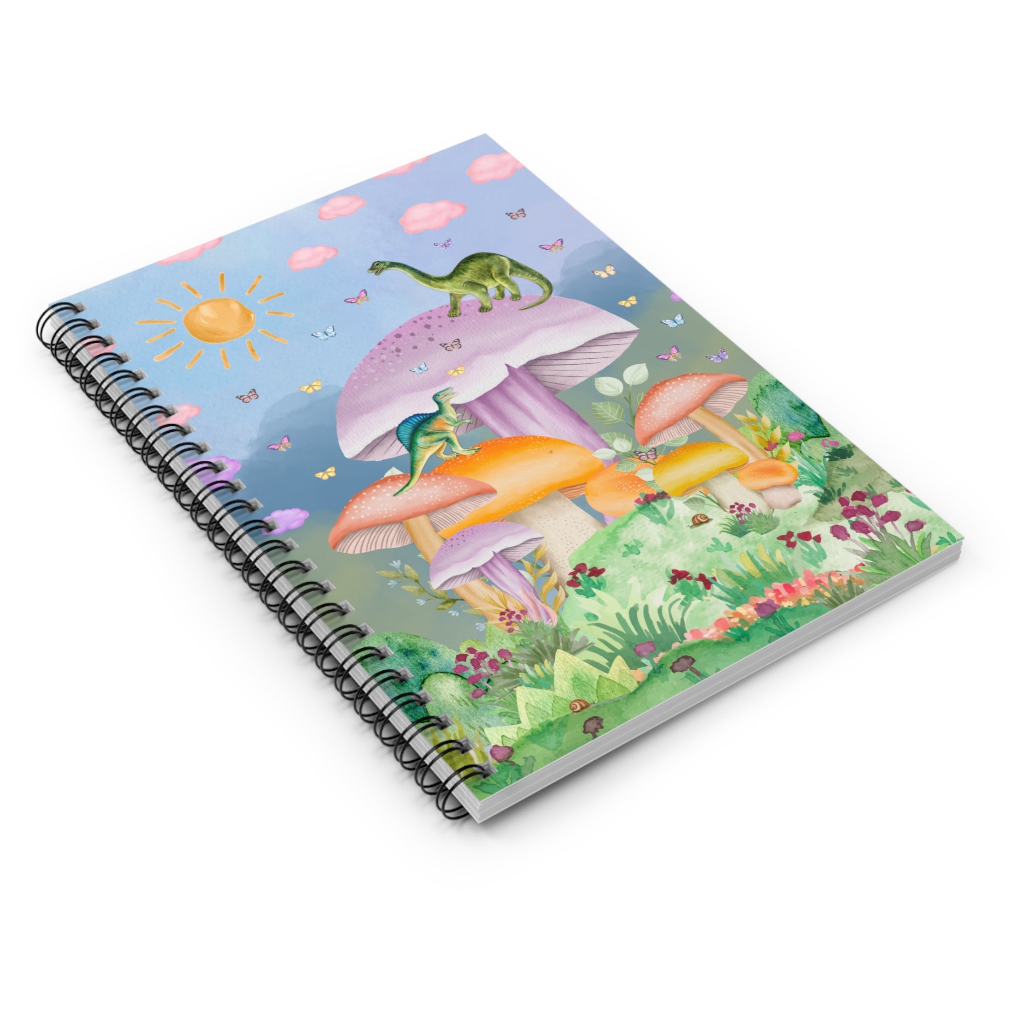 Funny Dinosaur Notebook with Mushrooms: Spiral Notebook with Lined Pages - Opal and June