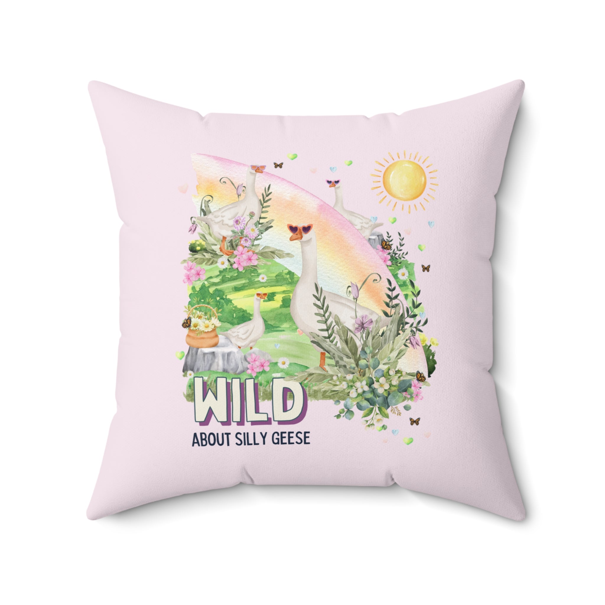 Funny Floral Geese Pillow with Hearts, Silly Sunglasses: Whimsigoth Pastel Goth Decor, Vintage Botanicals, Animal Lover, Boho Butterflies - Opal and June