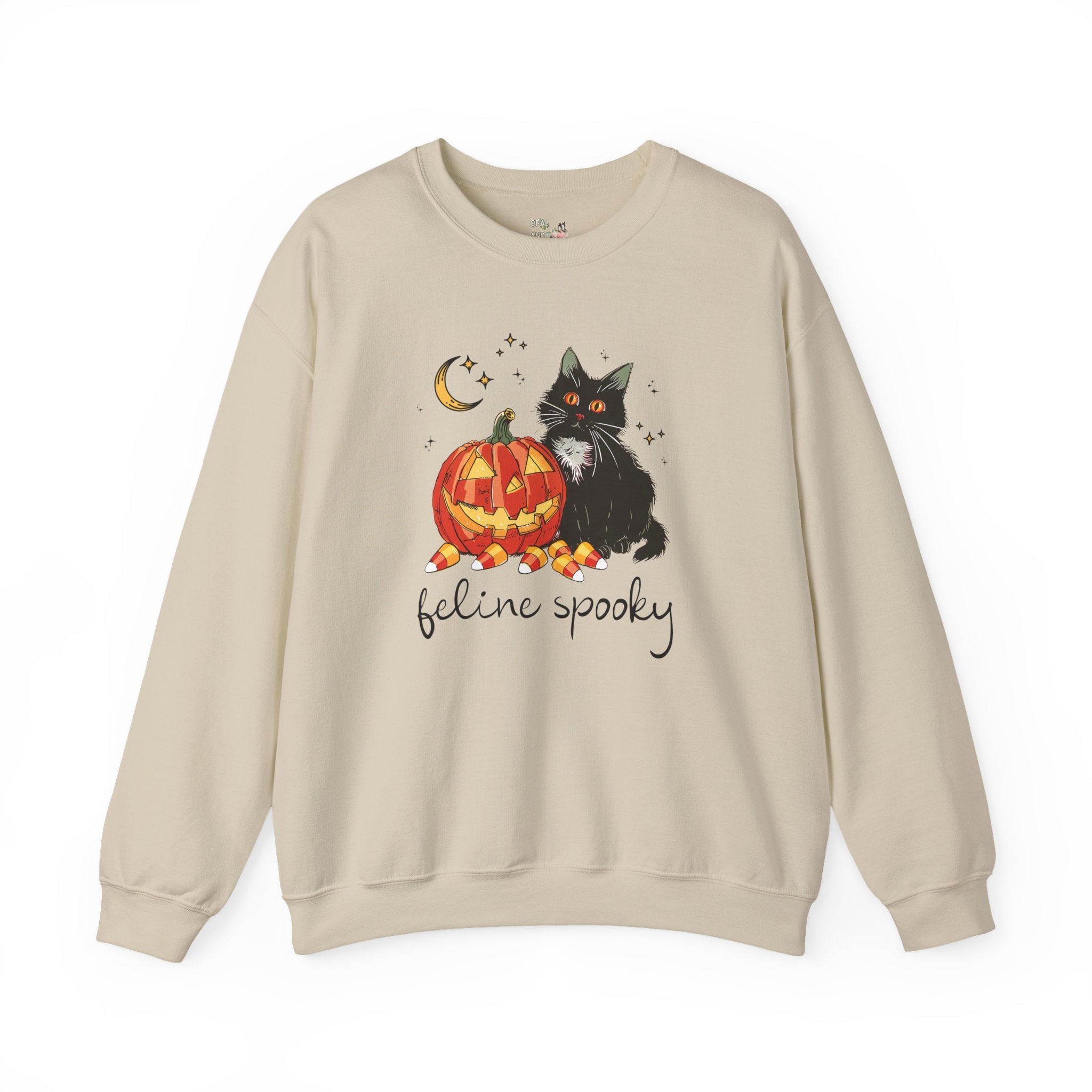 Funny Halloween Sweatshirt with Cat and Pumpkin: Feline Spooky, Silly Halloween Teacher Crewneck for Elementary School Teacher or New Mama - Opal and June