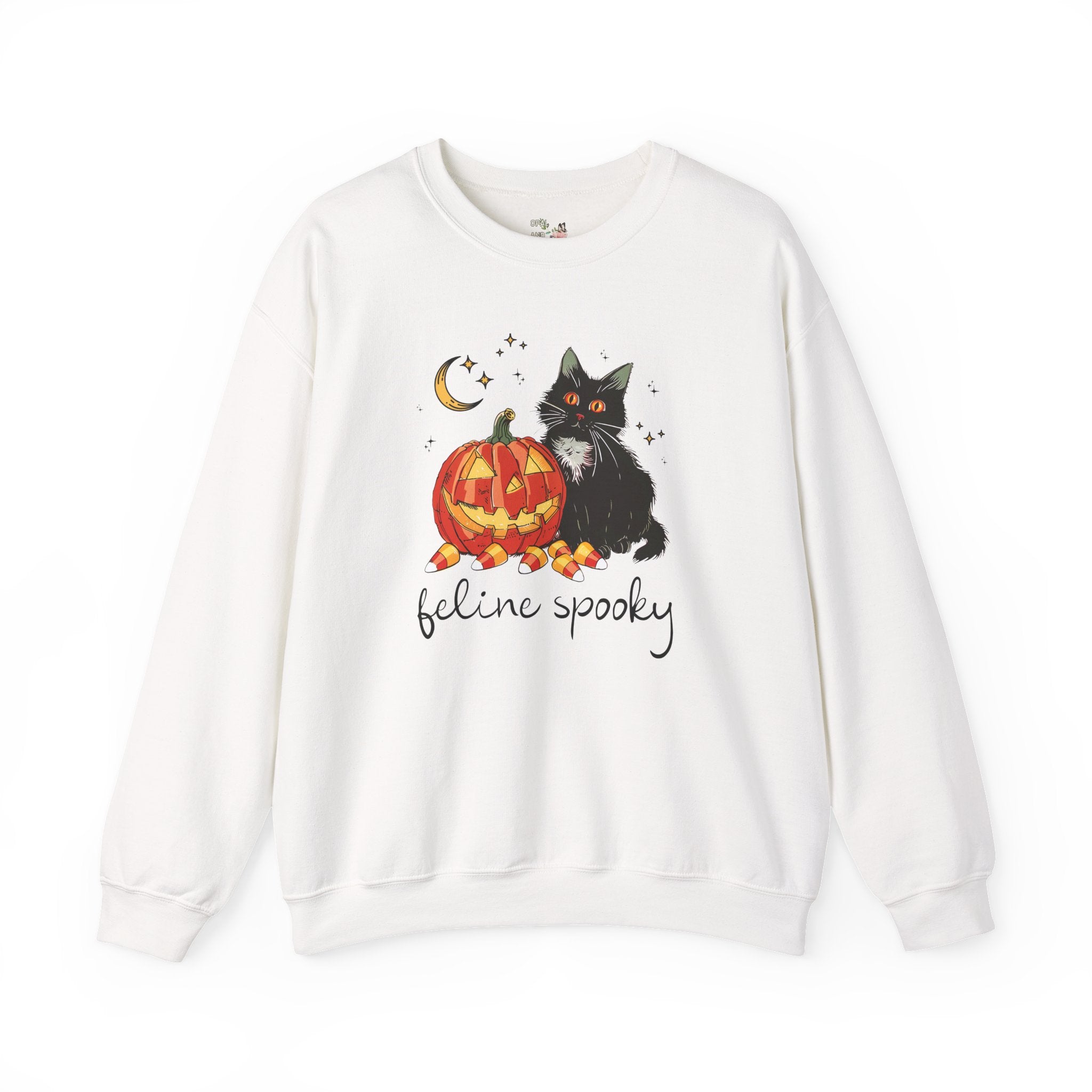Funny Halloween Sweatshirt with Cat and Pumpkin: Feline Spooky, Silly Halloween Teacher Crewneck for Elementary School Teacher or New Mama - Opal and June