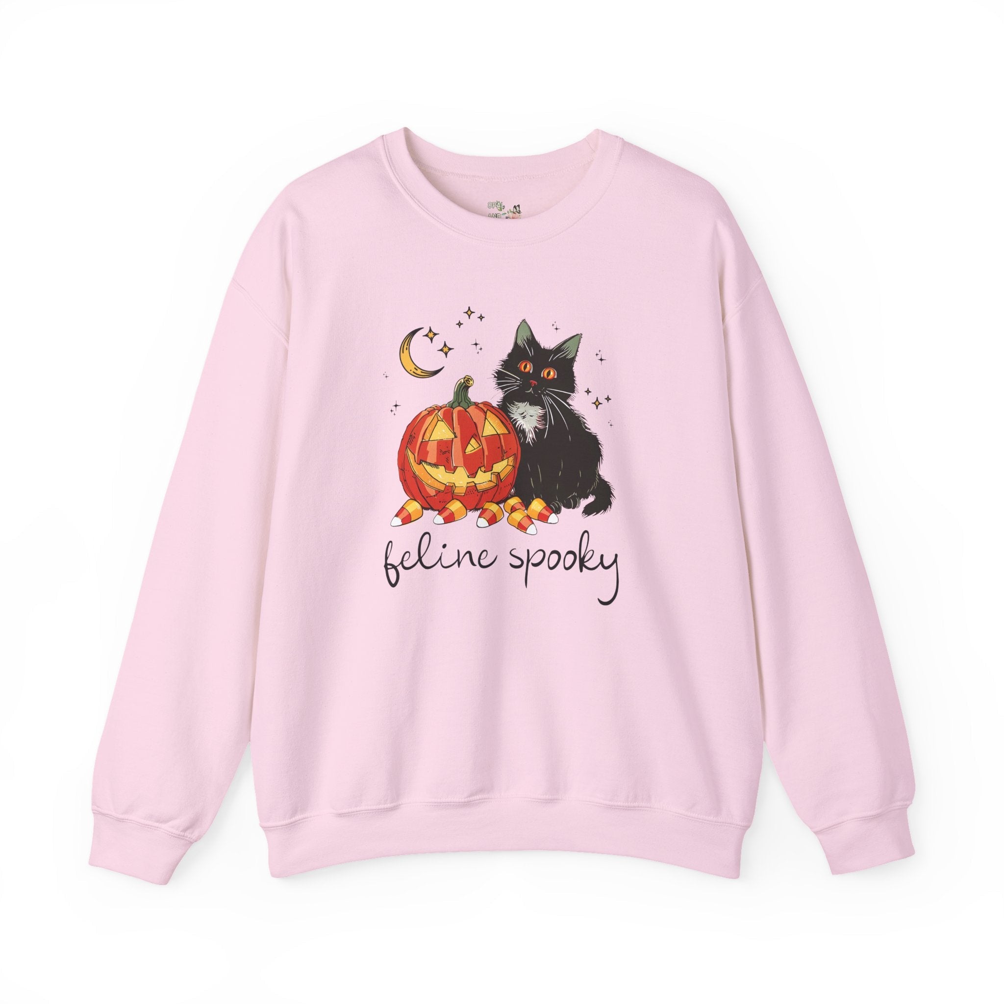 Funny Halloween Sweatshirt with Cat and Pumpkin: Feline Spooky, Silly Halloween Teacher Crewneck for Elementary School Teacher or New Mama - Opal and June