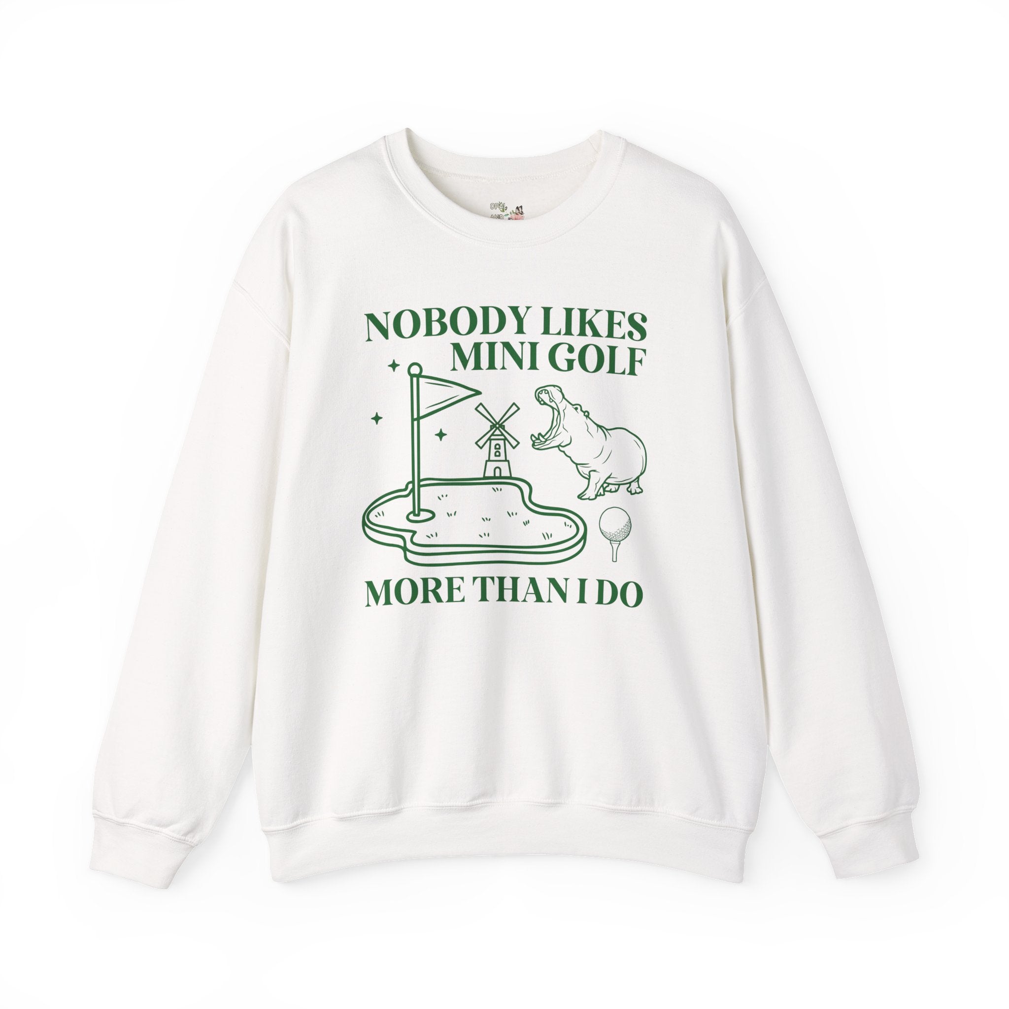 Funny Mini Golf Sweatshirt for Mom or Dad Who Always Wins Mini Golf, Silly Nineties Throwback Shirt with Hippo, Animal Lover Gift for Friend - Opal and June