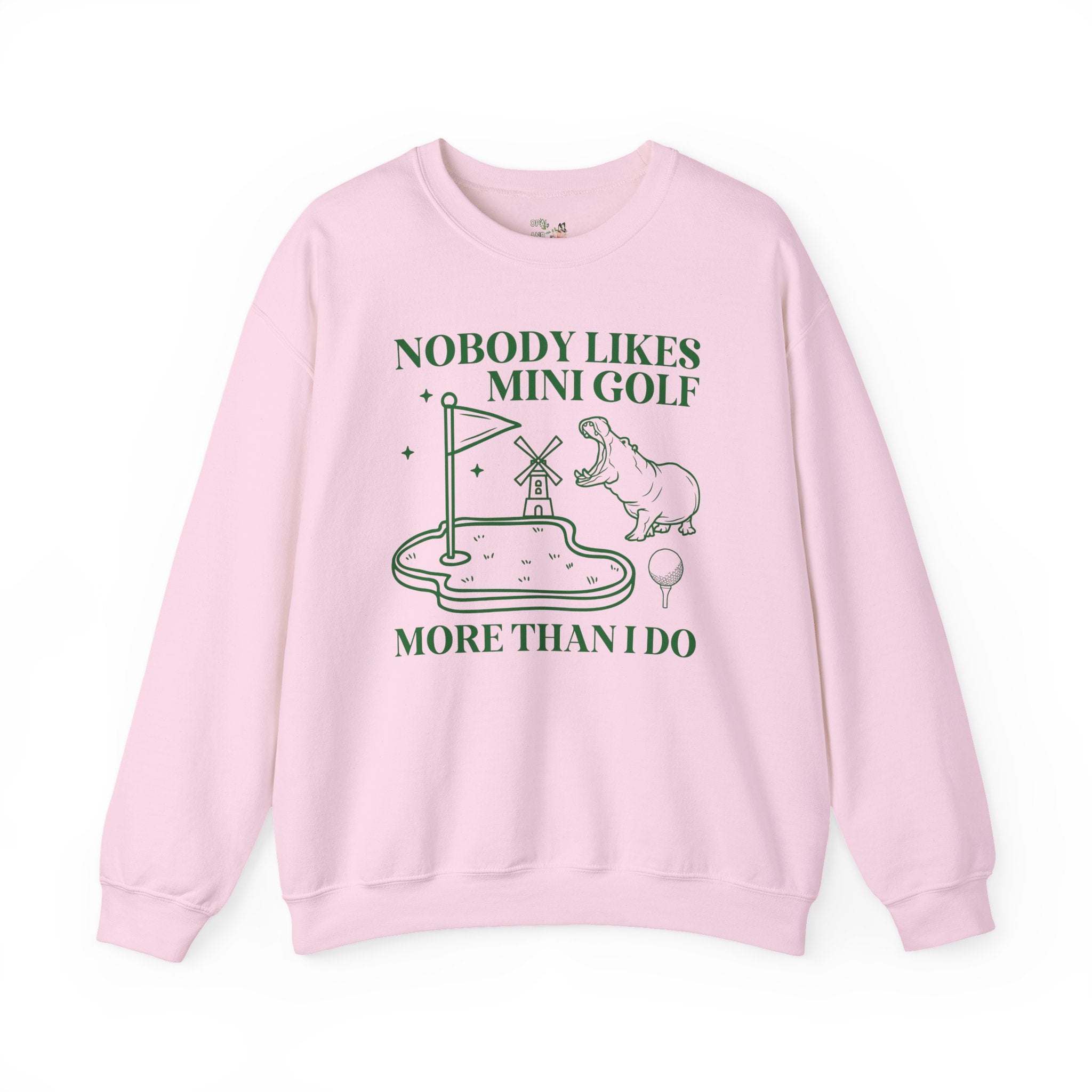 Funny Mini Golf Sweatshirt for Mom or Dad Who Always Wins Mini Golf, Silly Nineties Throwback Shirt with Hippo, Animal Lover Gift for Friend - Opal and June
