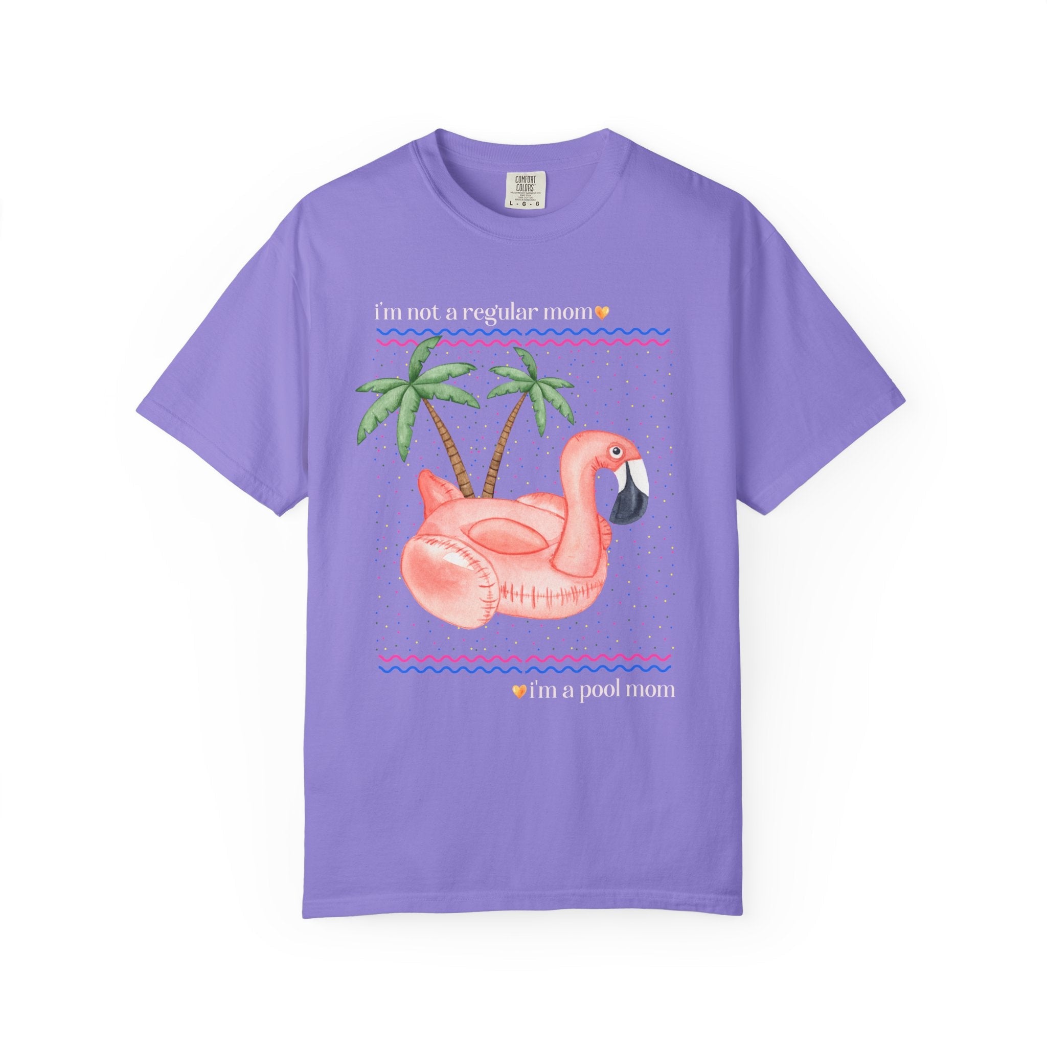 Funny Mom Shirt for Mom Who Has a Pool, Silly Chaotic 90s Aesthetic T-Shirt with a Flamingo and Palm Trees, Fun Mama Tee Shirt for Summer - Opal and June