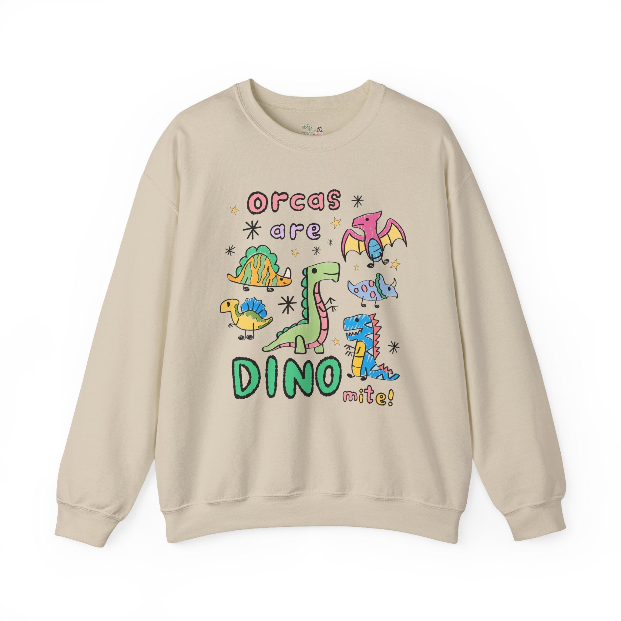 Funny Orca Whale Lover Sweatshirt, Marine Biologist Who Loves Dinosaurs: Orcas are Dino - mite! Funny Saying Ocean Animal Crewneck with Stars - Opal and June