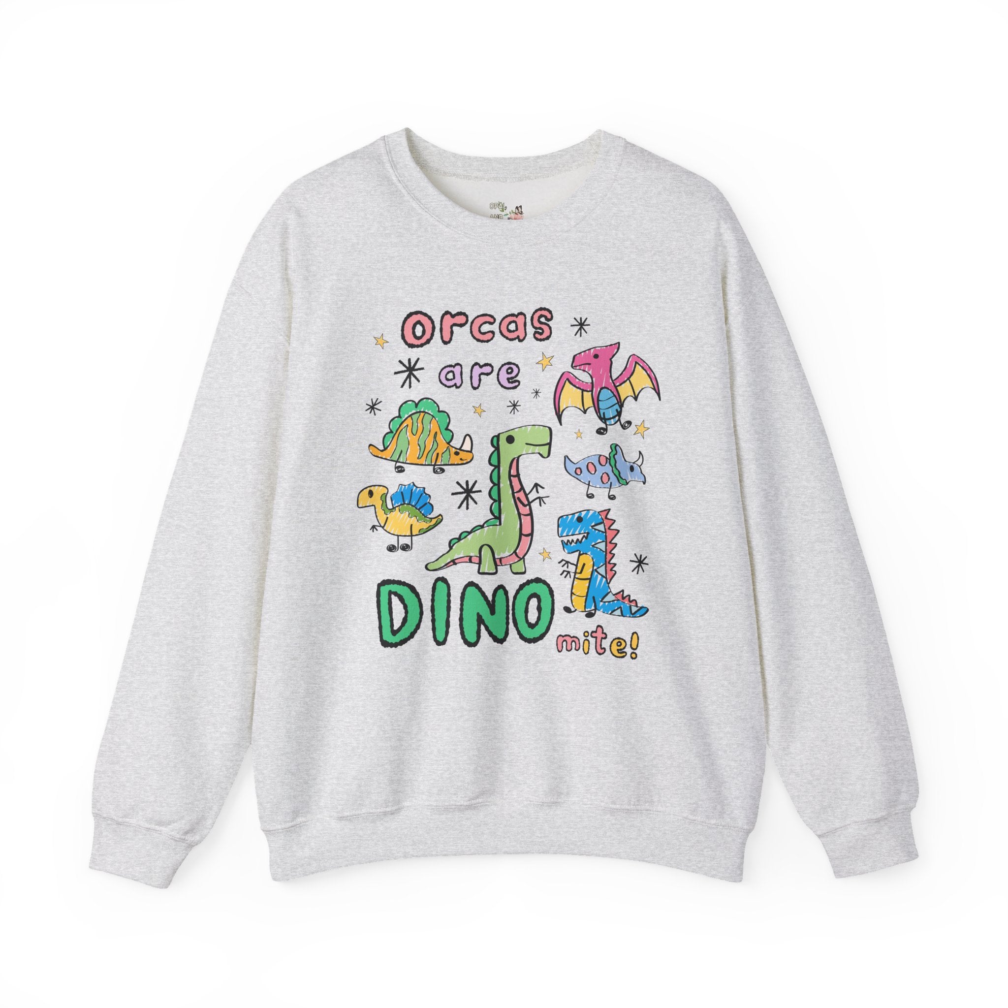 Funny Orca Whale Lover Sweatshirt, Marine Biologist Who Loves Dinosaurs: Orcas are Dino - mite! Funny Saying Ocean Animal Crewneck with Stars - Opal and June