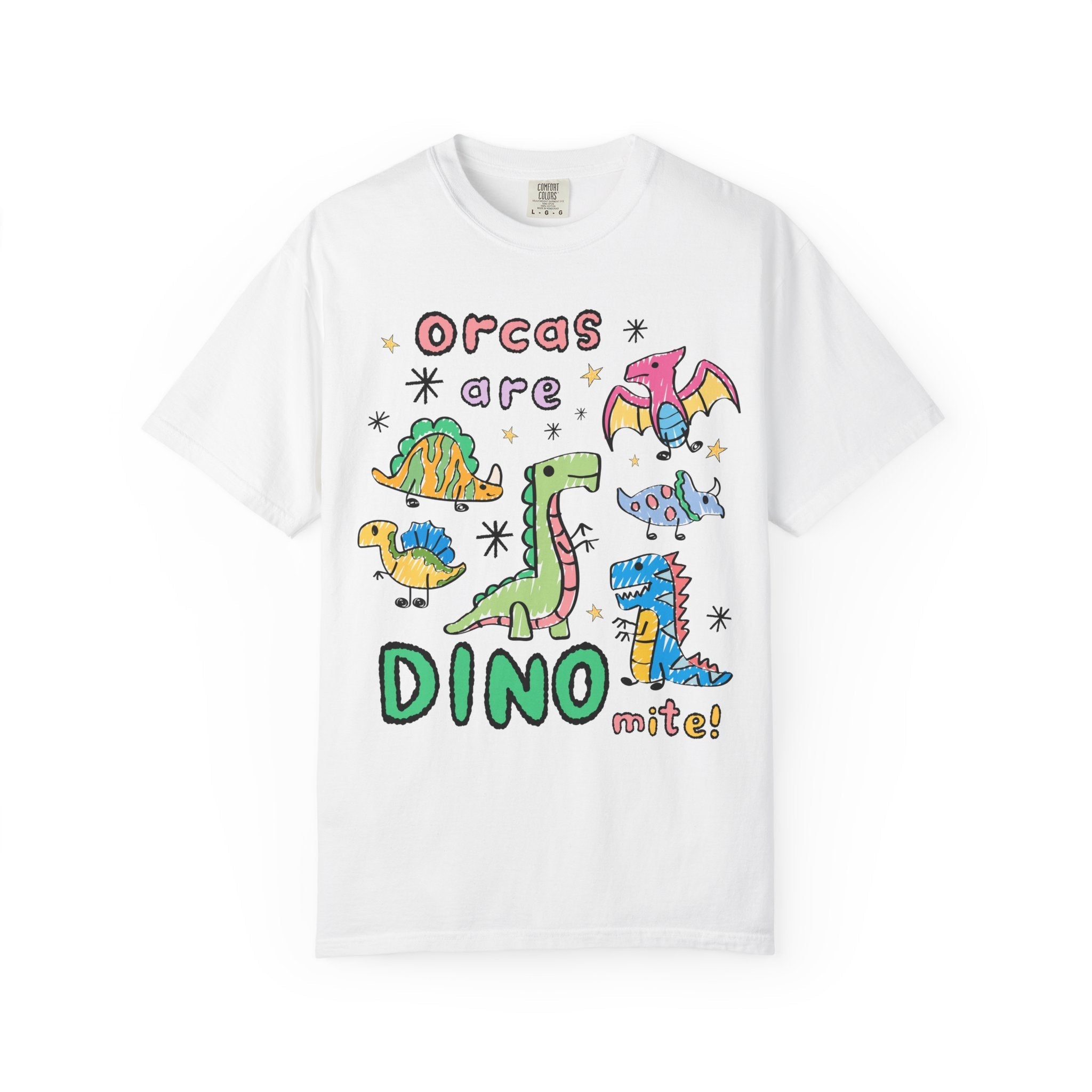 Funny Orca Whale Lover Tee Shirt for Marine Biologist Who Loves Dinosaurs: Orcas are Dino - mite! Funny Saying Ocean Animal Tee with Stars - Opal and June