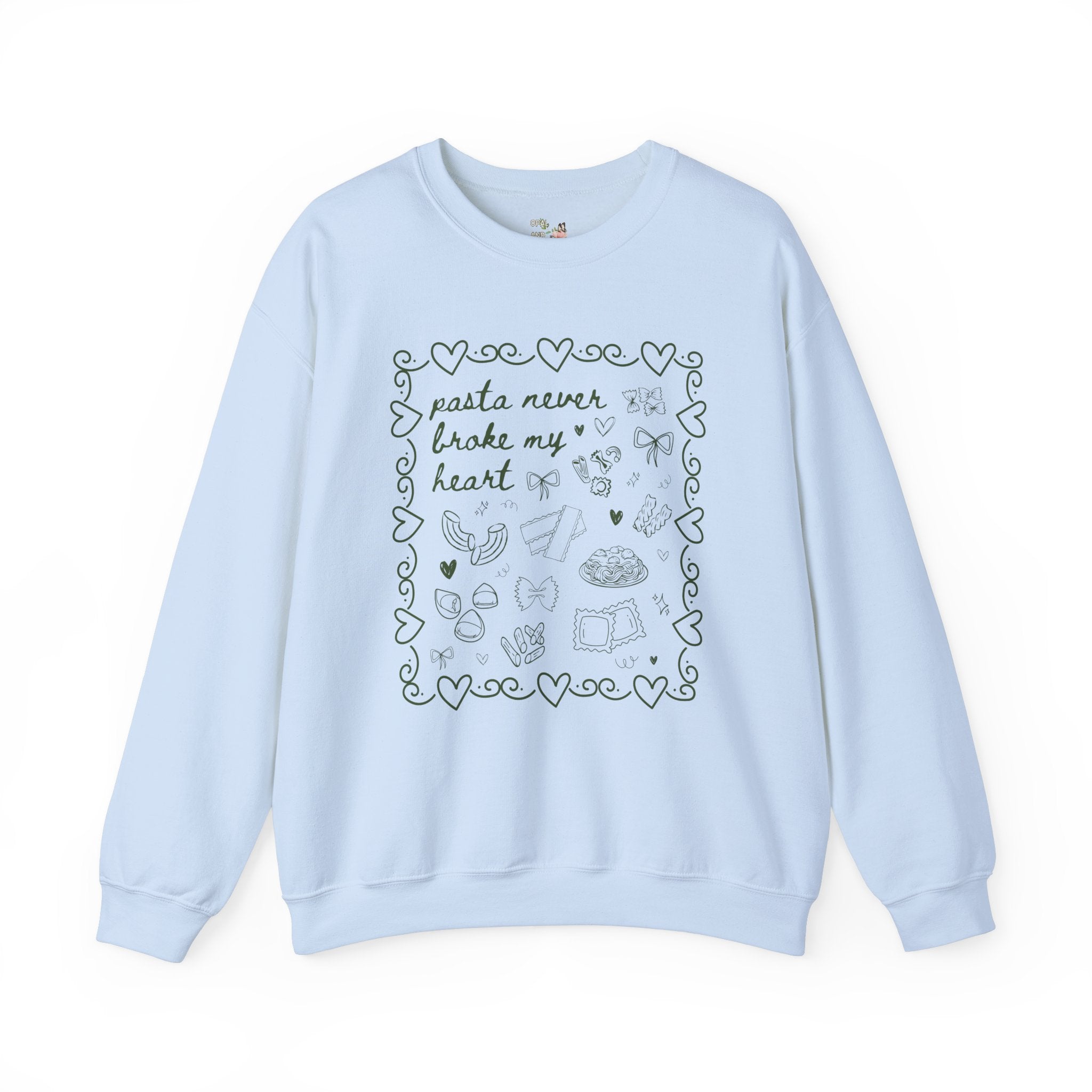 Funny Pasta Lover Sweatshirt, Hearts and Cute Doodles: Pasta Never Broke My Heart, Cute Italian Food Dinner Club Shirt for Sister or Friend - Opal and June