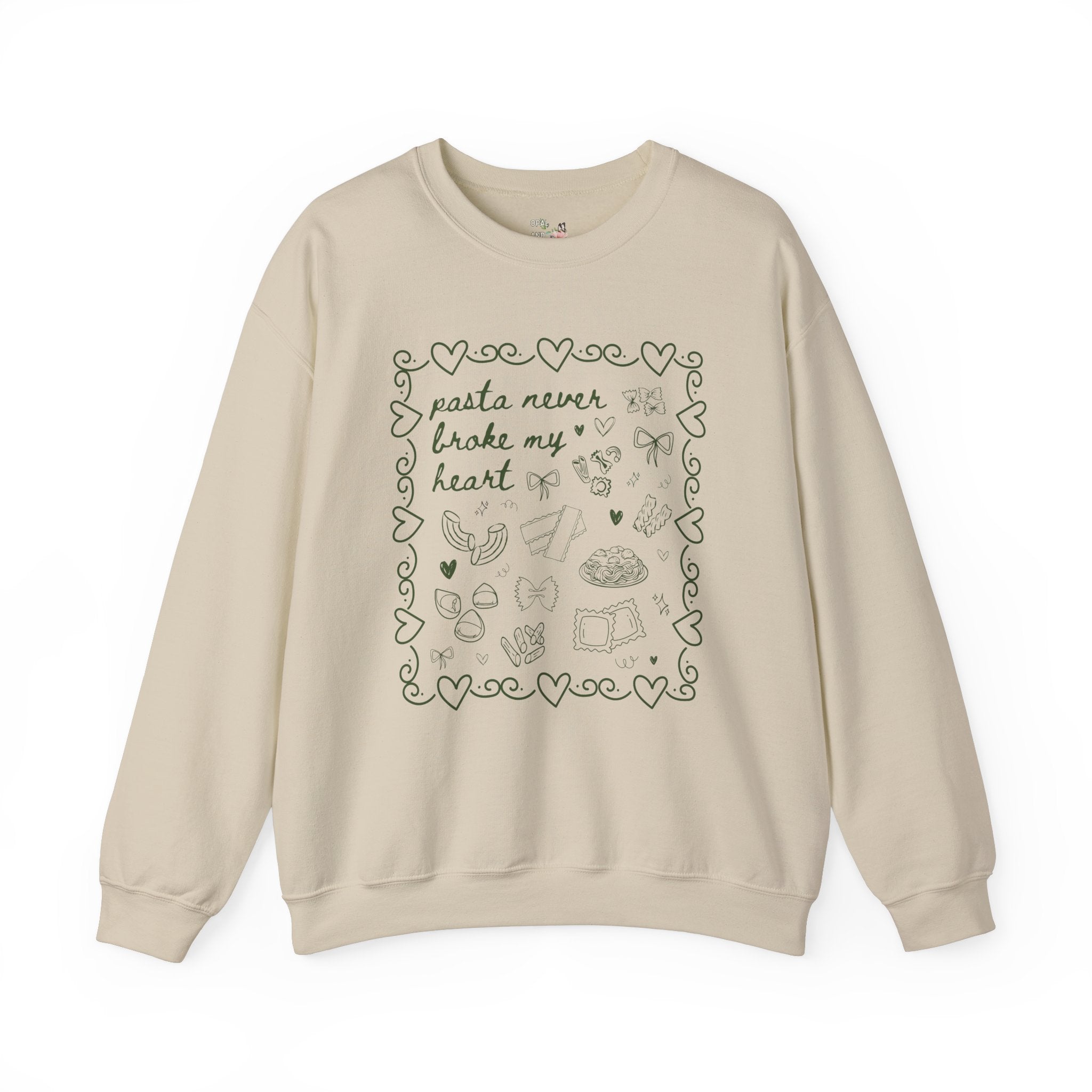 Funny Pasta Lover Sweatshirt, Hearts and Cute Doodles: Pasta Never Broke My Heart, Cute Italian Food Dinner Club Shirt for Sister or Friend - Opal and June