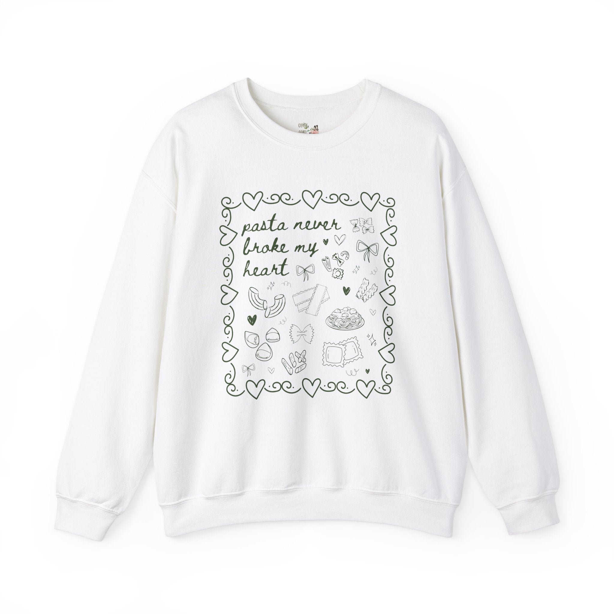 Funny Pasta Lover Sweatshirt, Hearts and Cute Doodles: Pasta Never Broke My Heart, Cute Italian Food Dinner Club Shirt for Sister or Friend - Opal and June