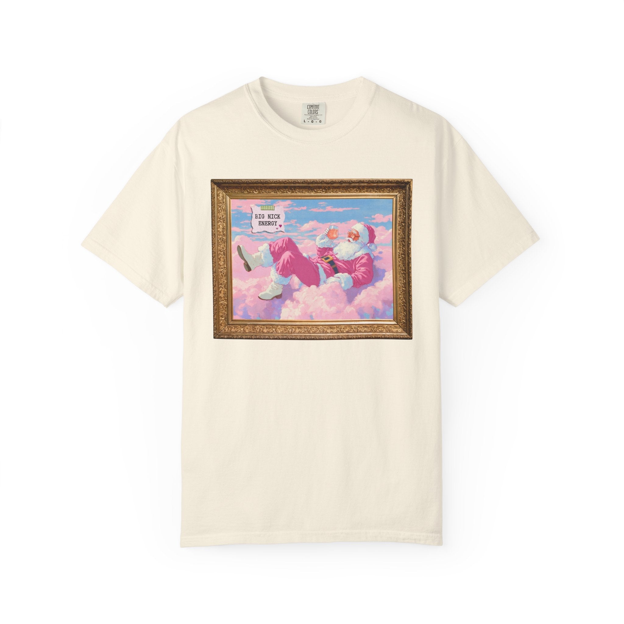 Funny Pink Santa Tee Shirt of Santa Claus Sipping Wine on a Cloud: Big Nick Energy, Silly Colorful Maximalist Holiday T, Matching Sister Tee - Opal and June