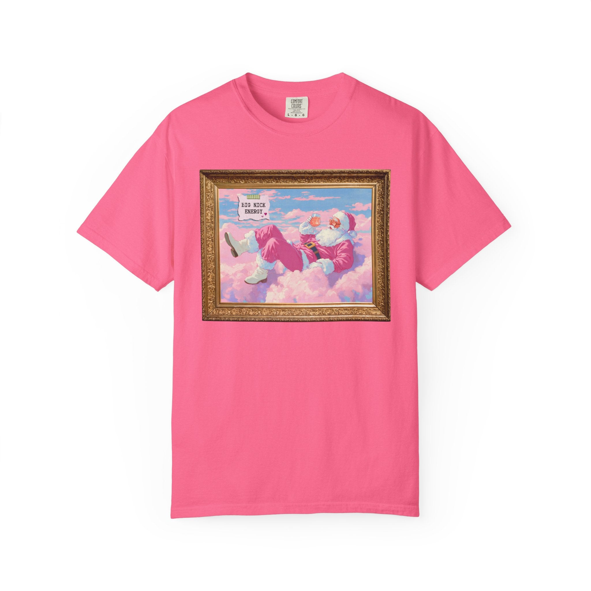 Funny Pink Santa Tee Shirt of Santa Claus Sipping Wine on a Cloud: Big Nick Energy, Silly Colorful Maximalist Holiday T, Matching Sister Tee - Opal and June