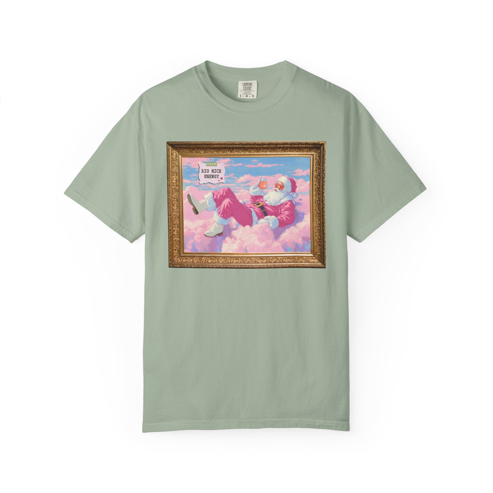 Funny Pink Santa Tee Shirt of Santa Claus Sipping Wine on a Cloud: Big Nick Energy, Silly Colorful Maximalist Holiday T, Matching Sister Tee - Opal and June