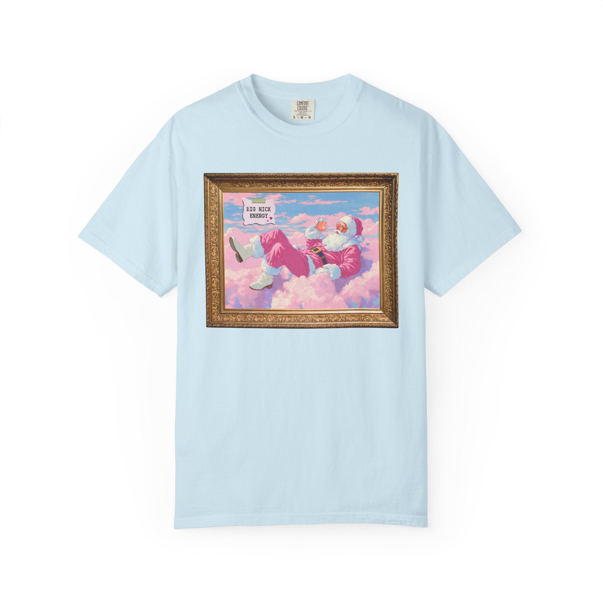 Funny Pink Santa Tee Shirt of Santa Claus Sipping Wine on a Cloud: Big Nick Energy, Silly Colorful Maximalist Holiday T, Matching Sister Tee - Opal and June