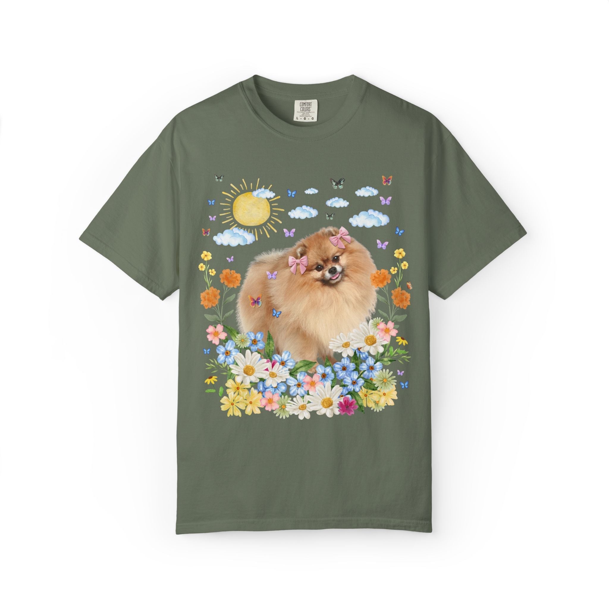 Funny Pomeranian Owner Dog Lover Gift with Flowers: Silly 90s Aesthetic Dog Parent T-Shirt with Butterflies, Nostalgic Puppy Lover Tee - Opal and June