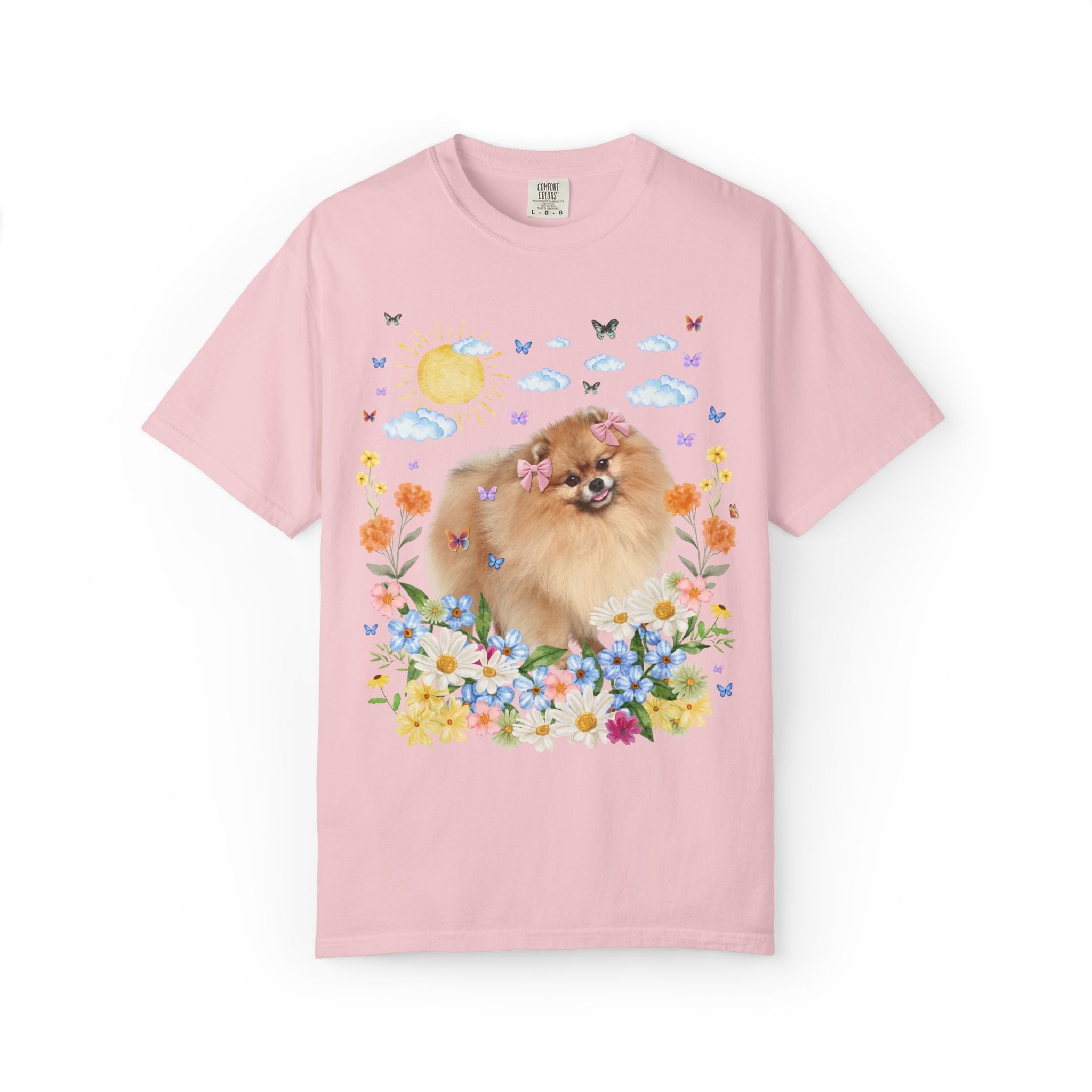 Funny Pomeranian Owner Dog Lover Gift with Flowers: Silly 90s Aesthetic Dog Parent T-Shirt with Butterflies, Nostalgic Puppy Lover Tee - Opal and June