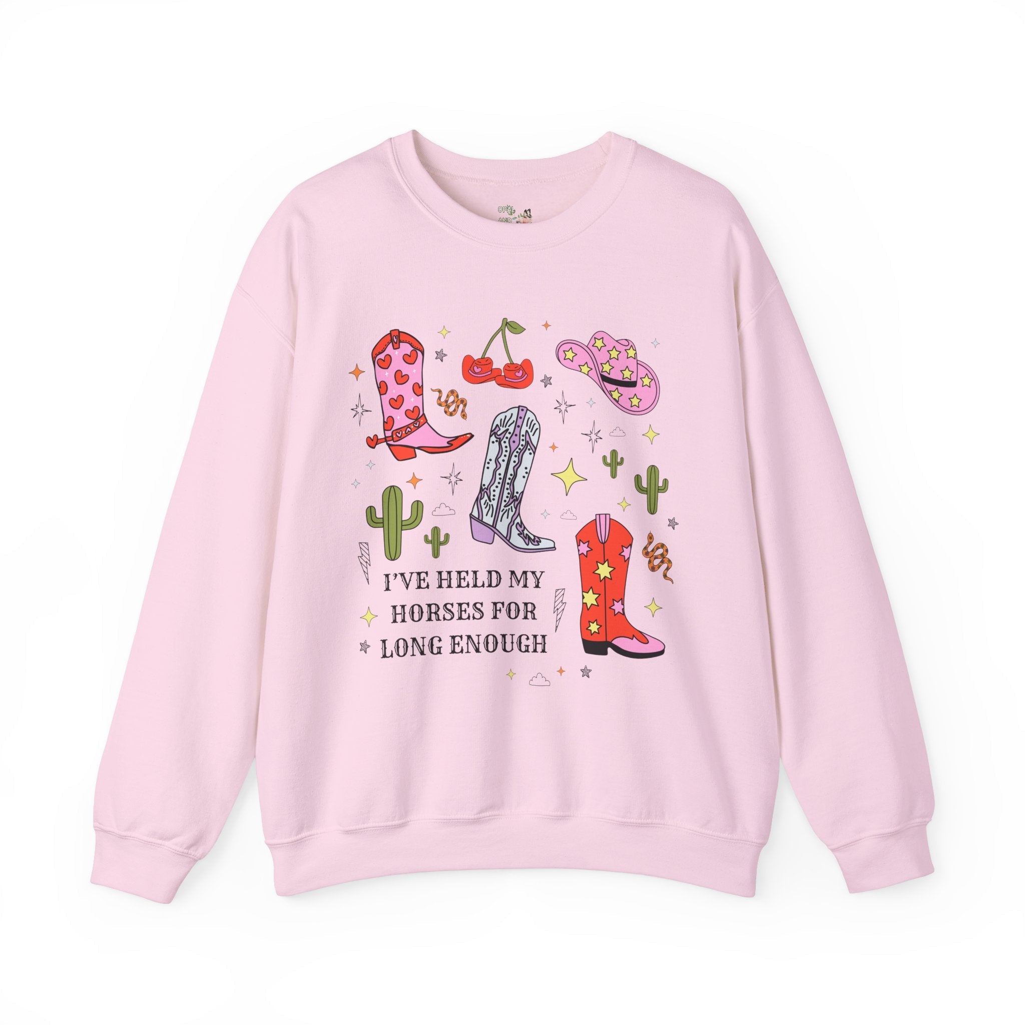 Funny Saying Western Sweatshirt, Cute and Groovy Cacti and Star, Colorful Shirt with Cowgirl Boot, Rodeo Country Boho Pink Cowboy Hat Shirt - Opal and June