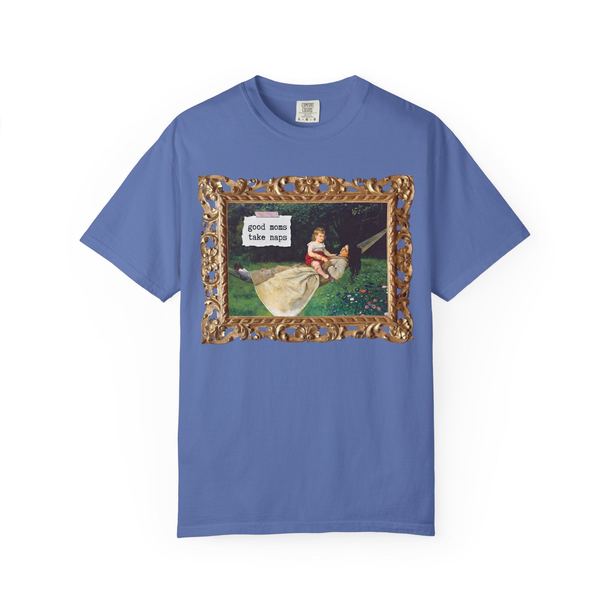Funny Tired Moms Art History Shirt: Good Moms Take Naps, Silly Cottagecore Toddler Mama Tee, In the Hammock by Hans Thoma, 19th Century Art - Opal and June