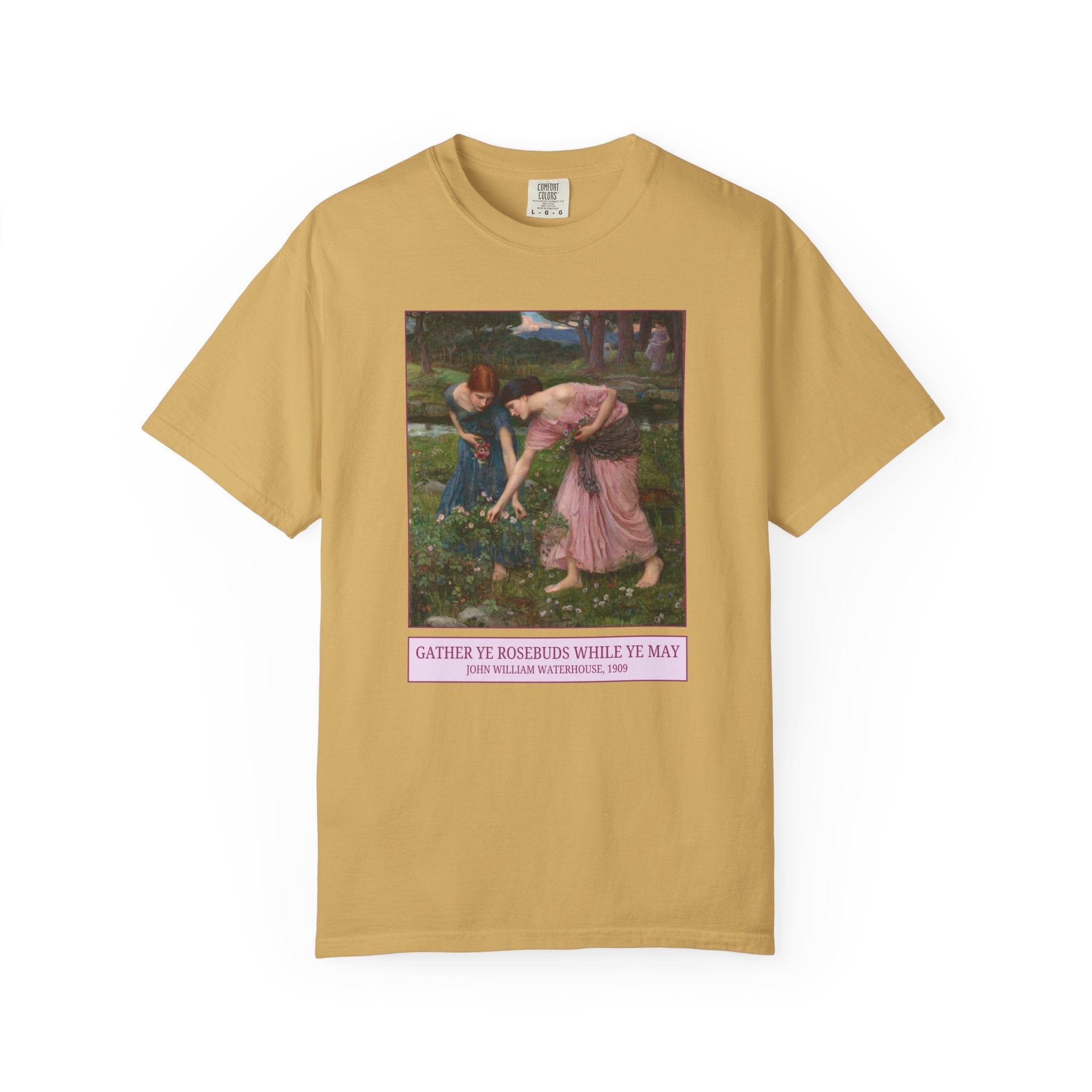 Gather Ye Rosebuds While Ye May by John William Waterhouse, 19th Century Art History Tee Shirt for Humanities Major, Pre - Raphaelite Art Gift - Opal and June