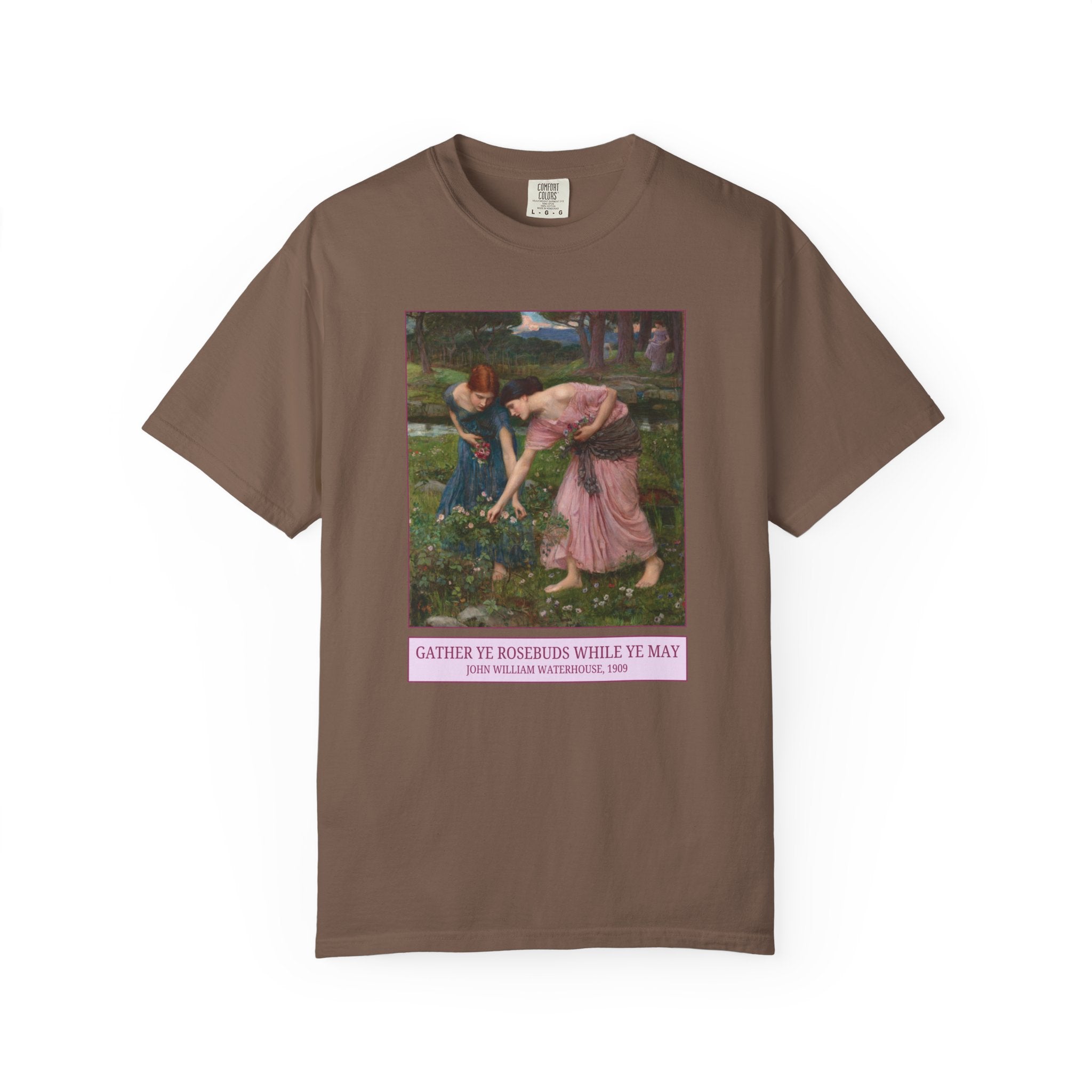 Gather Ye Rosebuds While Ye May by John William Waterhouse, 19th Century Art History Tee Shirt for Humanities Major, Pre - Raphaelite Art Gift - Opal and June