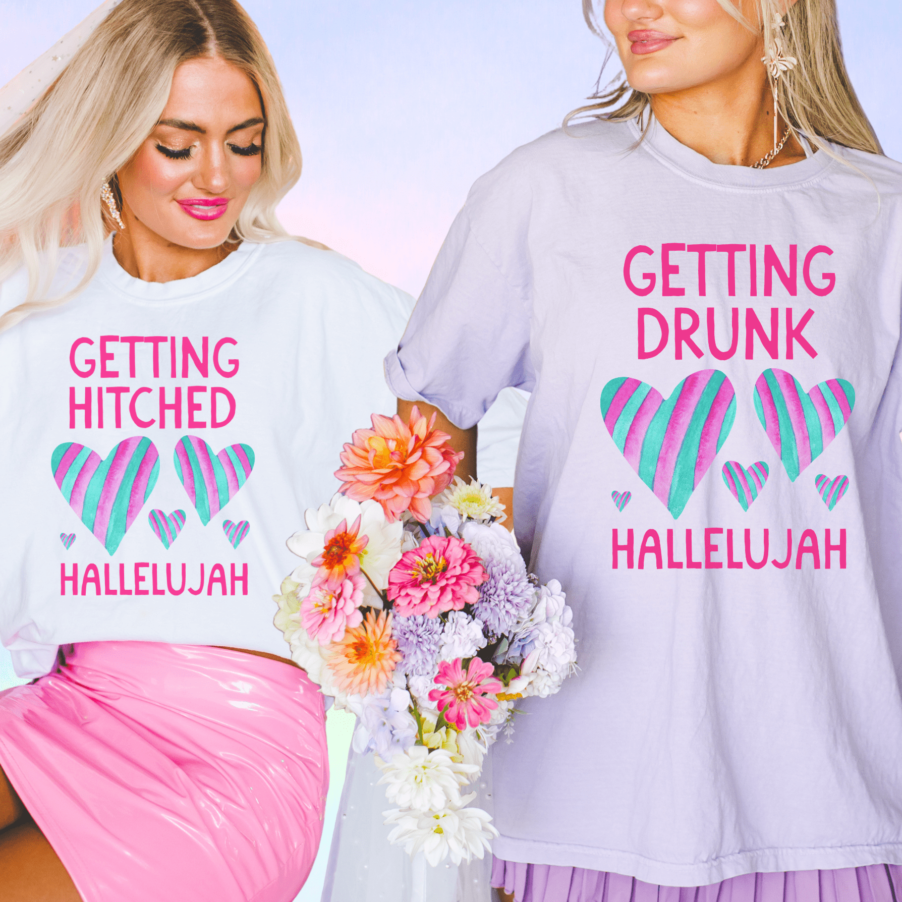 Getting Hitched and Getting Drunk Hallelujah Bachelorette Party T-Shirt, Funny Dopamine Maximalist Bridal Party Tee, Cute Kitcshy Wedding - Opal and June
