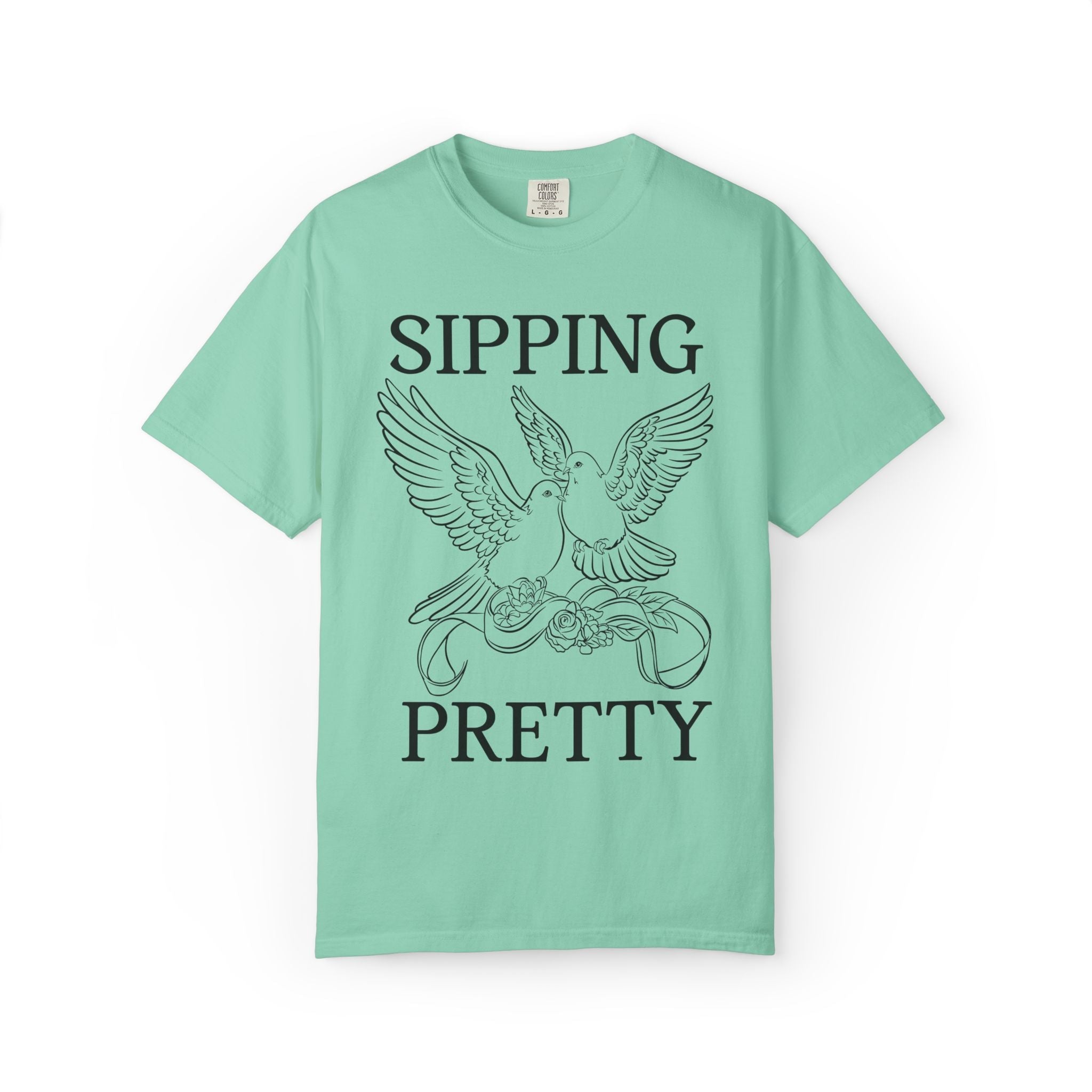 Getting Hitched + Sipping Pretty: Cute Bachelorette Party T-Shirt with Doves, Silly Vintage Aesthetic Bird Lover Newly Engaged Tee for Bride - Opal and June