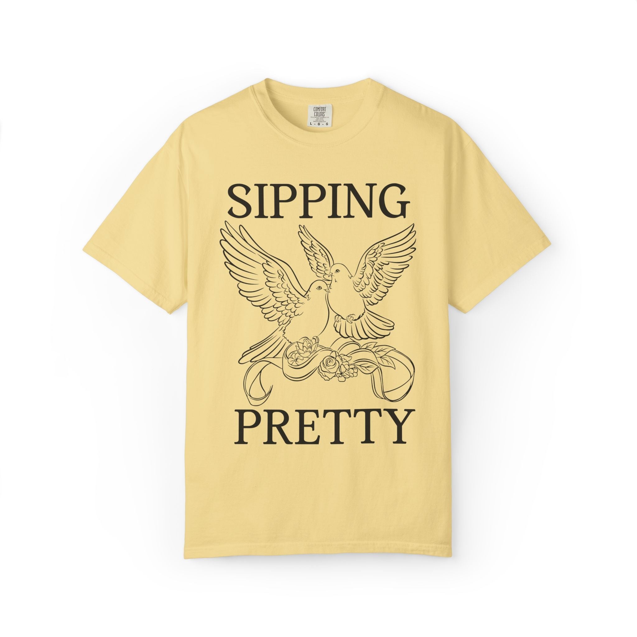 Getting Hitched + Sipping Pretty: Cute Bachelorette Party T-Shirt with Doves, Silly Vintage Aesthetic Bird Lover Newly Engaged Tee for Bride - Opal and June