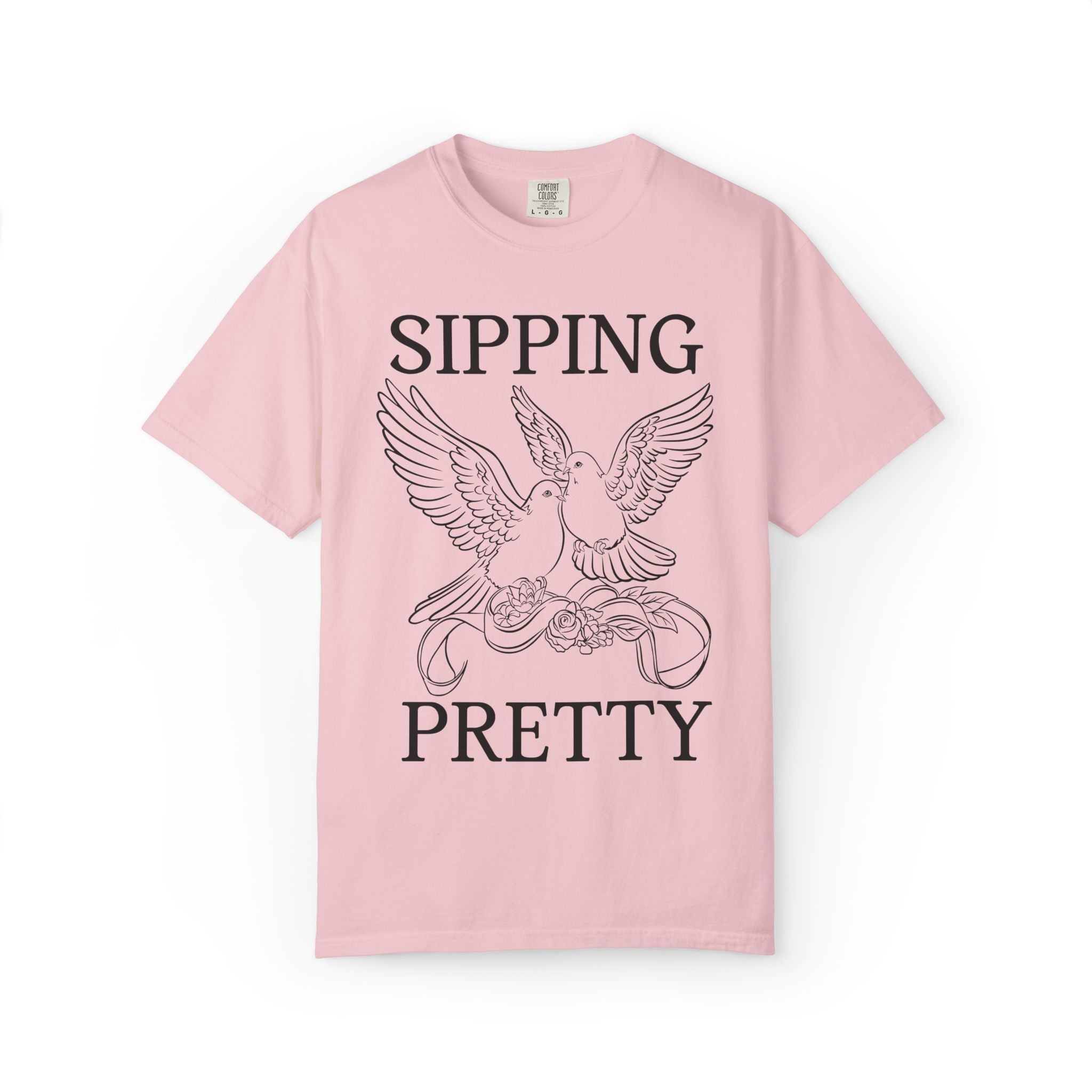 Getting Hitched + Sipping Pretty: Cute Bachelorette Party T-Shirt with Doves, Silly Vintage Aesthetic Bird Lover Newly Engaged Tee for Bride - Opal and June