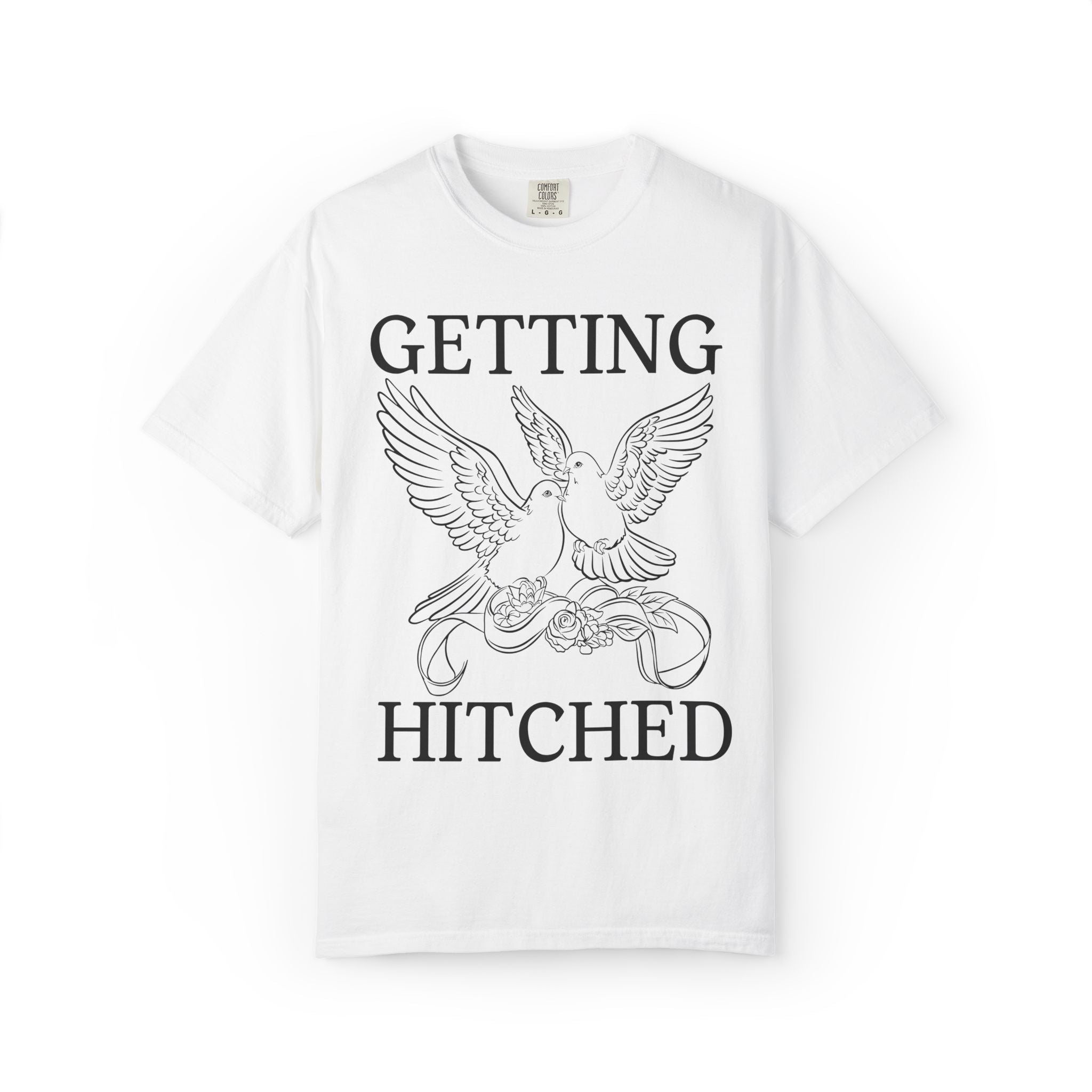 Getting Hitched + Sipping Pretty: Cute Bachelorette Party T-Shirt with Doves, Silly Vintage Aesthetic Bird Lover Newly Engaged Tee for Bride - Opal and June