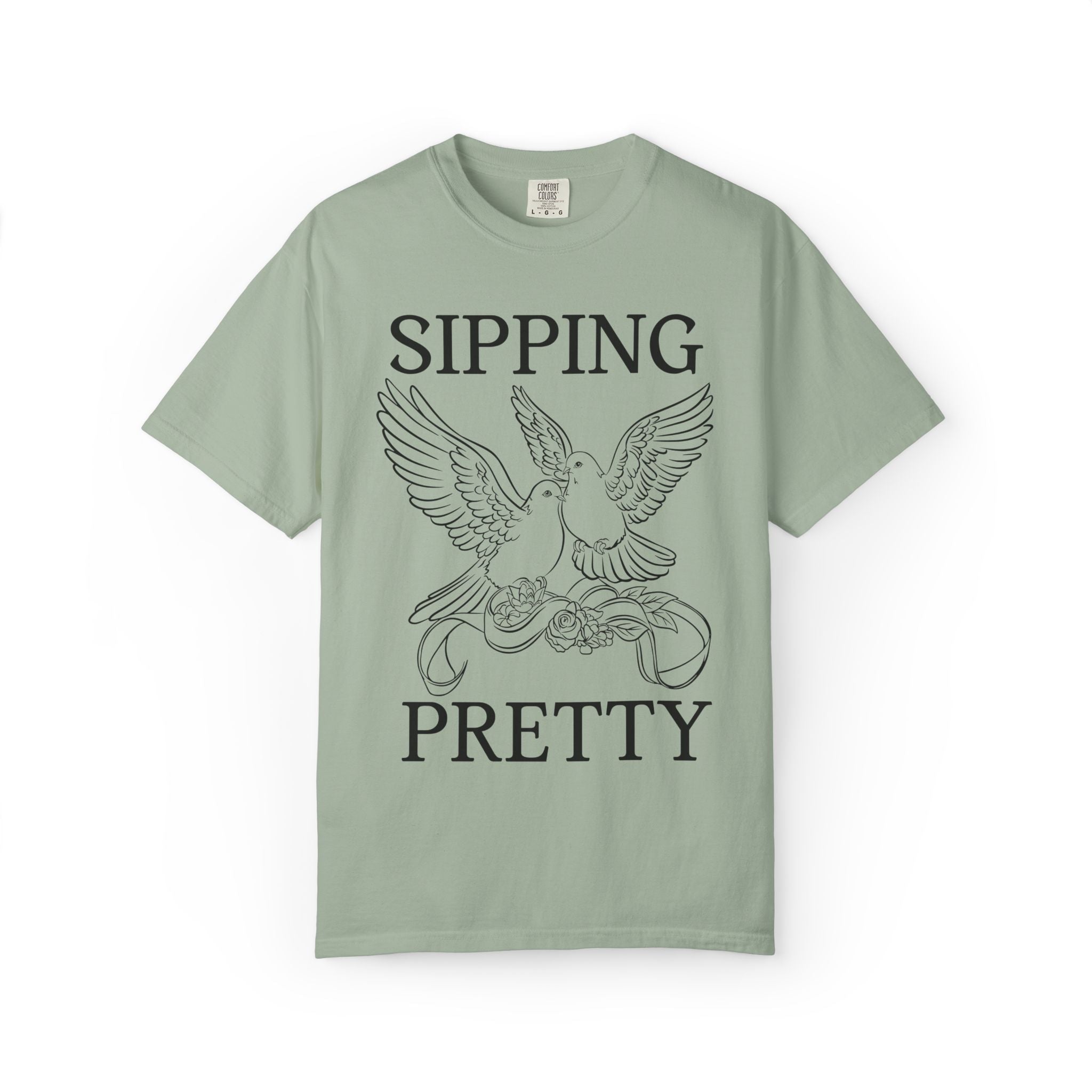 Getting Hitched + Sipping Pretty: Cute Bachelorette Party T-Shirt with Doves, Silly Vintage Aesthetic Bird Lover Newly Engaged Tee for Bride - Opal and June
