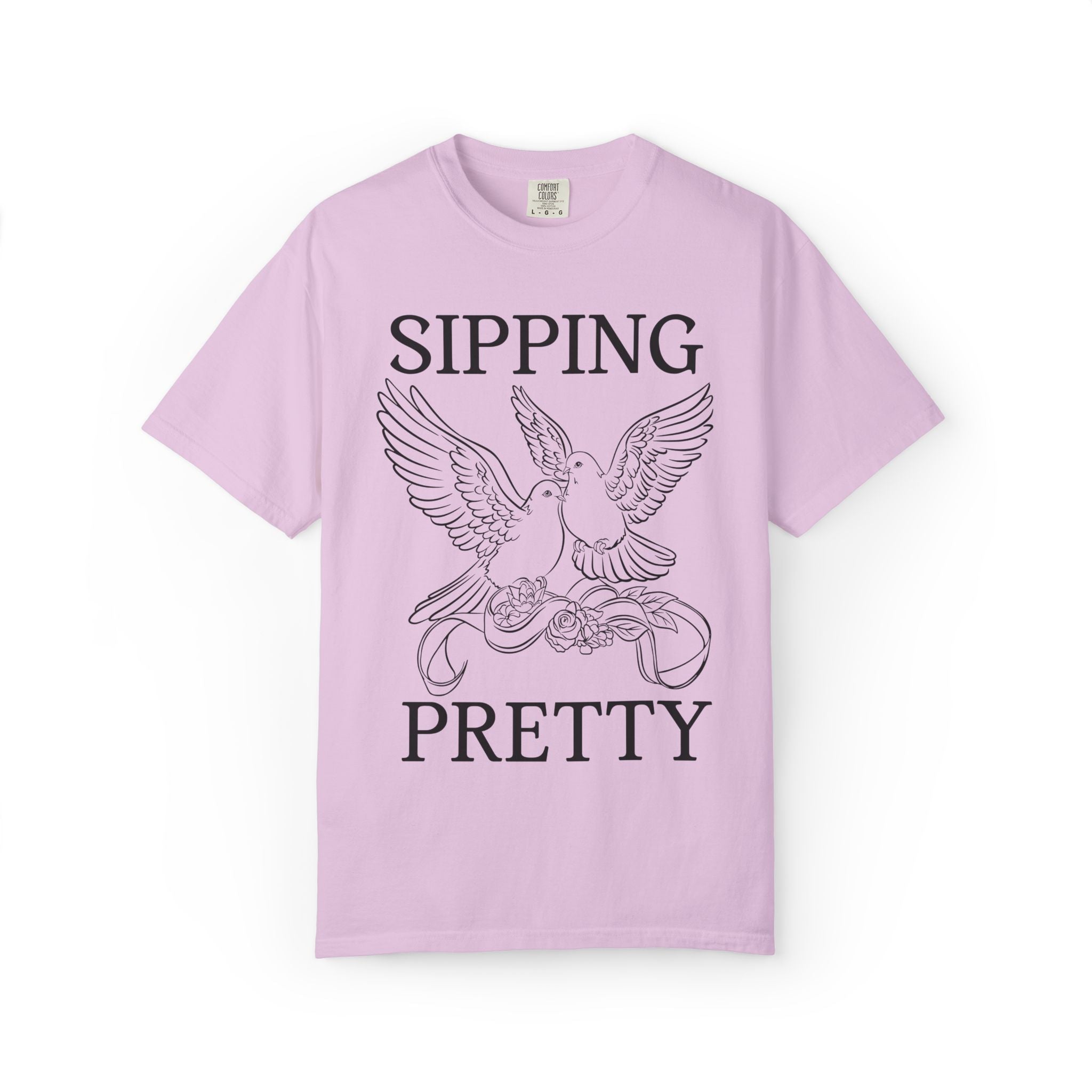 Getting Hitched + Sipping Pretty: Cute Bachelorette Party T-Shirt with Doves, Silly Vintage Aesthetic Bird Lover Newly Engaged Tee for Bride - Opal and June
