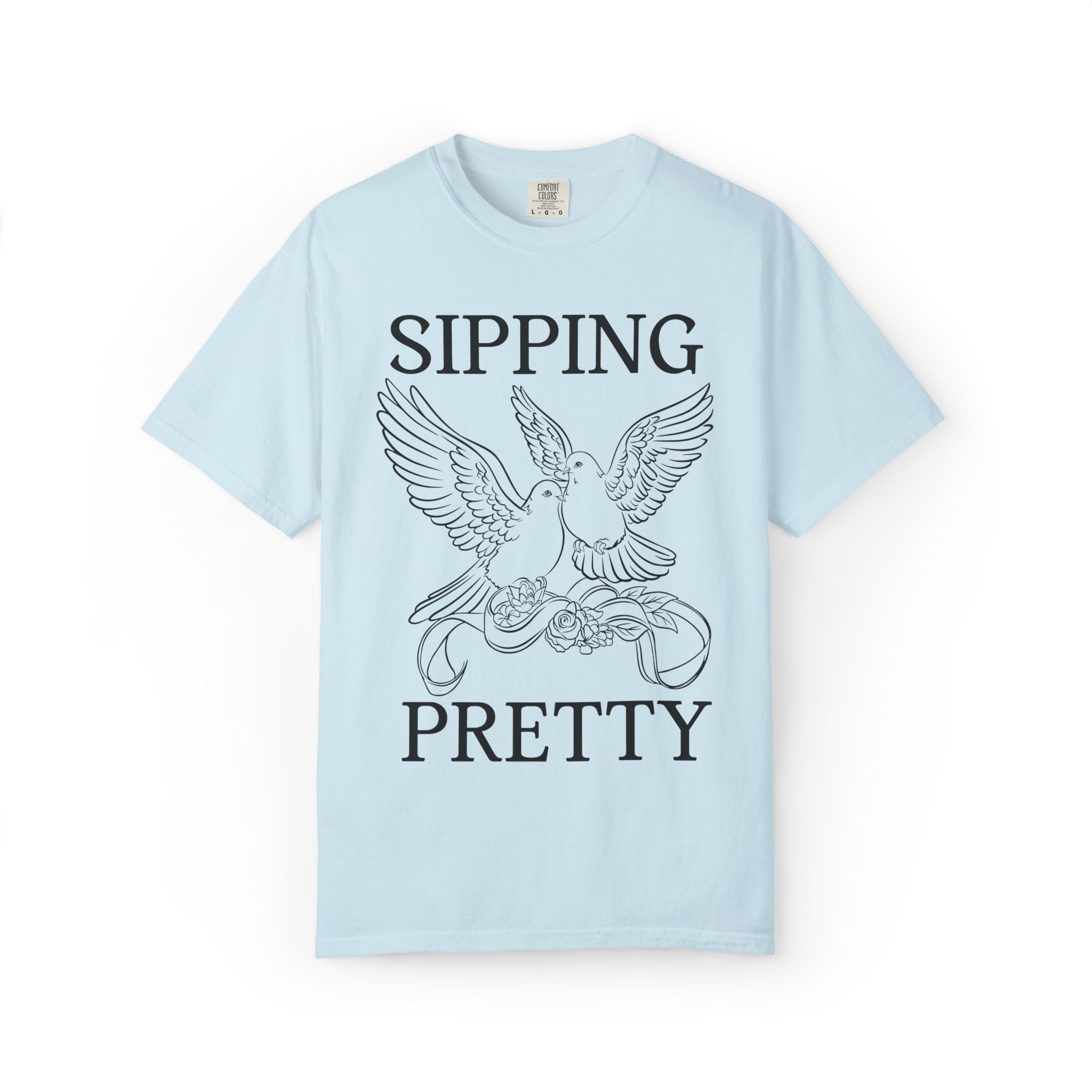 Getting Hitched + Sipping Pretty: Cute Bachelorette Party T-Shirt with Doves, Silly Vintage Aesthetic Bird Lover Newly Engaged Tee for Bride - Opal and June