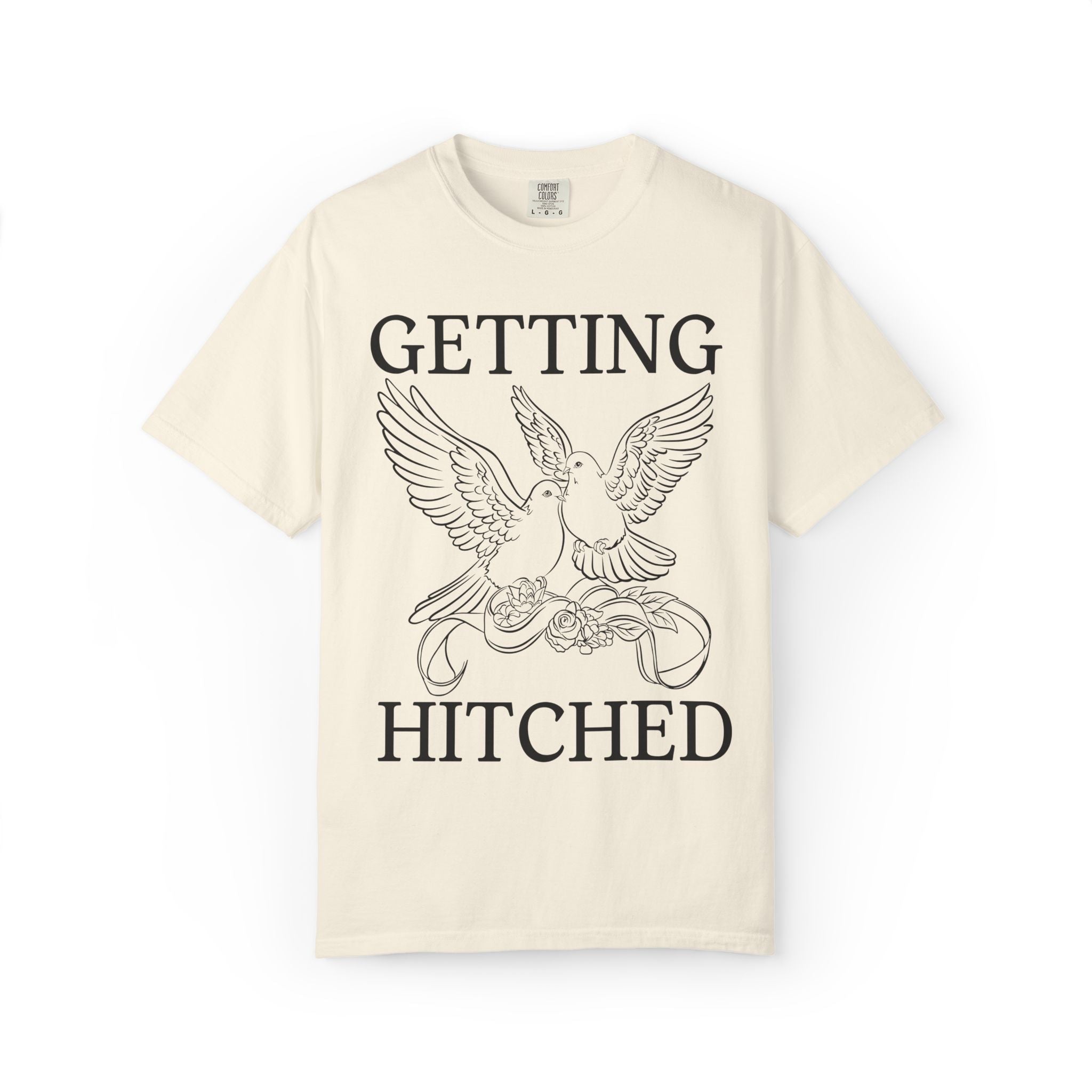 Getting Hitched + Sipping Pretty: Cute Bachelorette Party T-Shirt with Doves, Silly Vintage Aesthetic Bird Lover Newly Engaged Tee for Bride - Opal and June