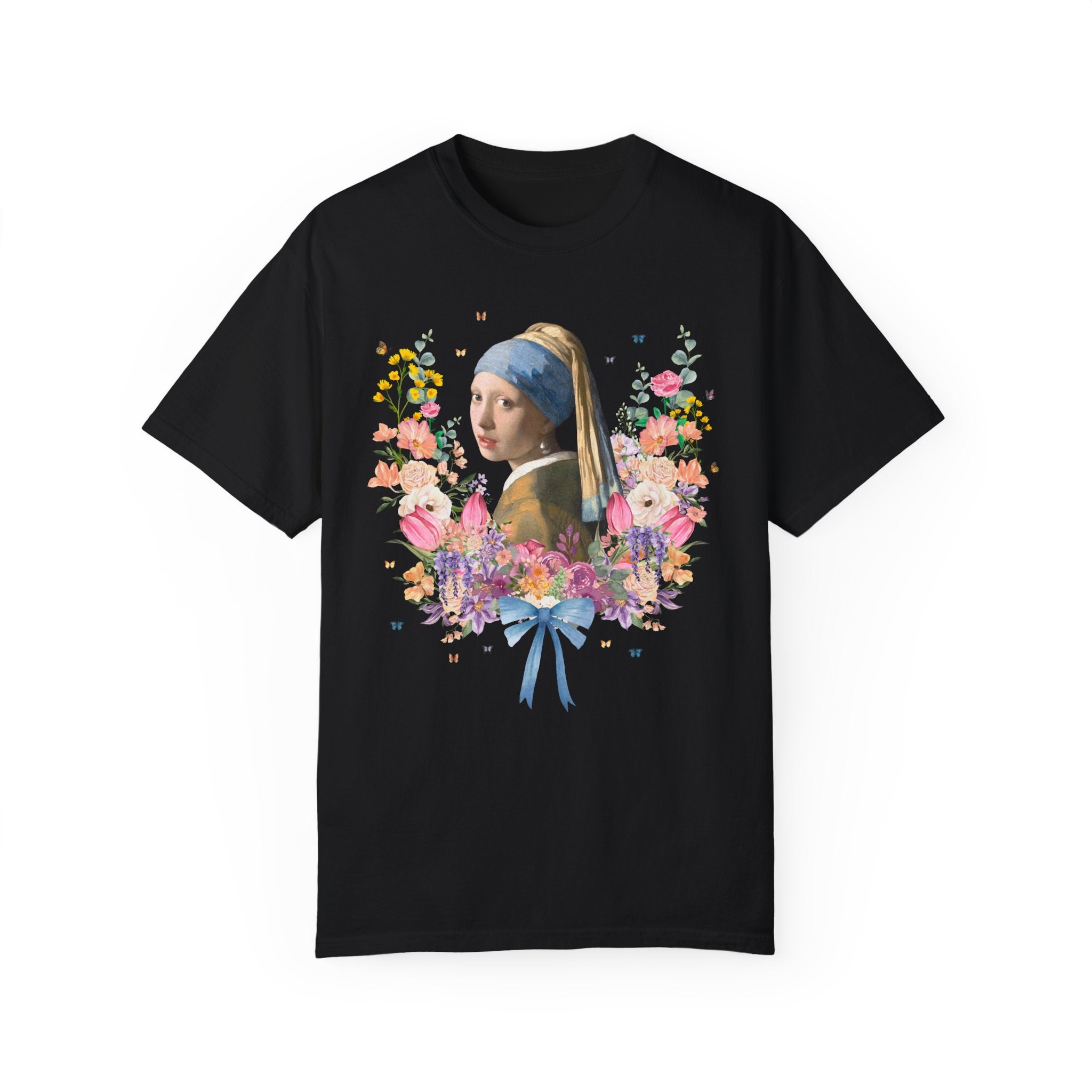 Girl with a Pearl Earring by Johannes Vermeer, Floral Collage with Butterflies, Boho Art History Tee Shirt, Famous Painting, Goblincore Tee - Opal and June