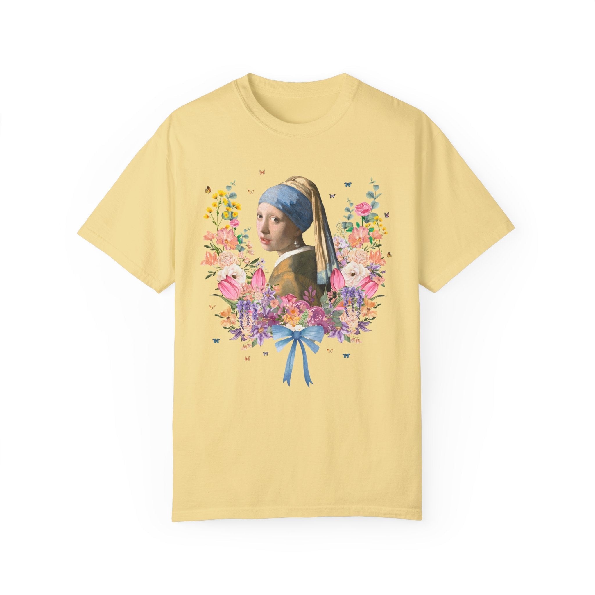 Girl with a Pearl Earring by Johannes Vermeer, Floral Collage with Butterflies, Boho Art History Tee Shirt, Famous Painting, Goblincore Tee - Opal and June