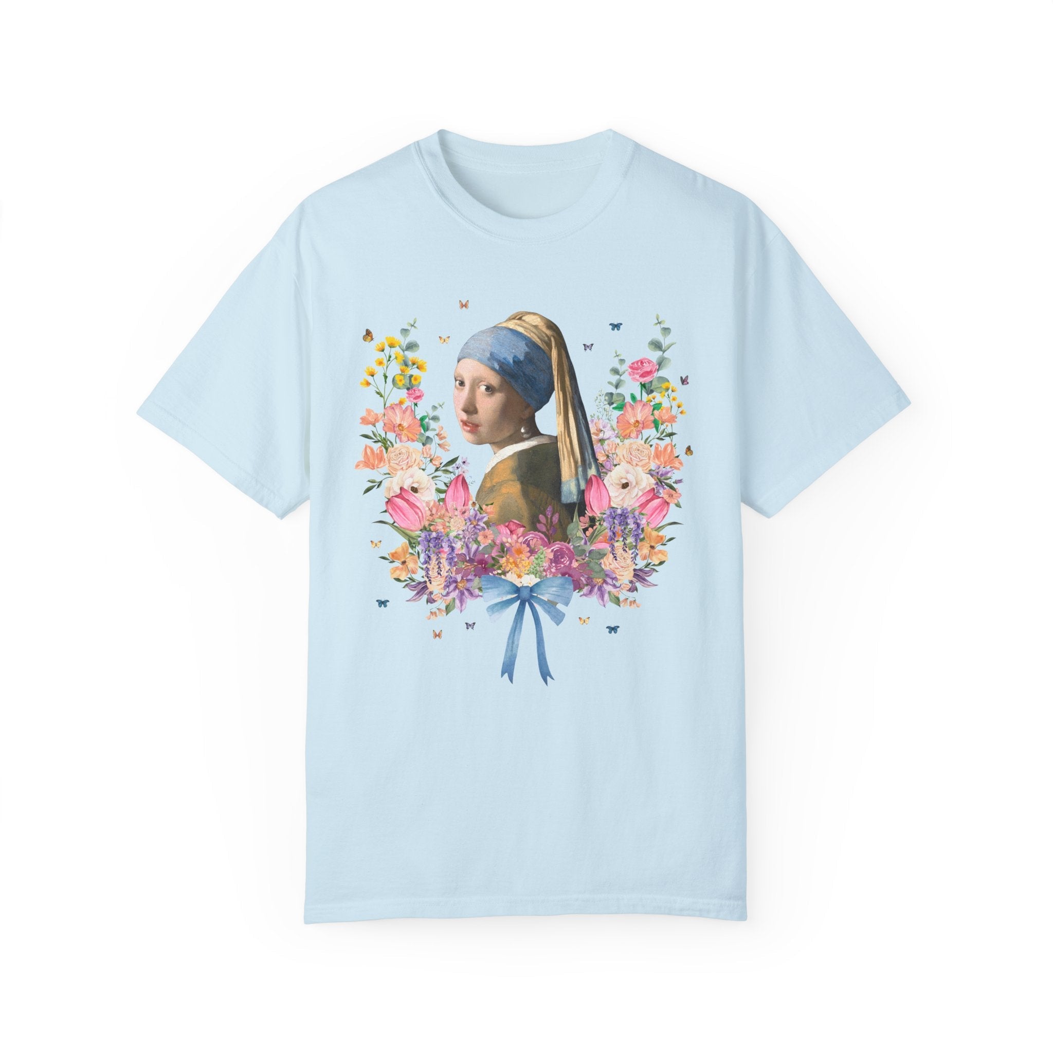 Girl with a Pearl Earring by Johannes Vermeer, Floral Collage with Butterflies, Boho Art History Tee Shirt, Famous Painting, Goblincore Tee - Opal and June