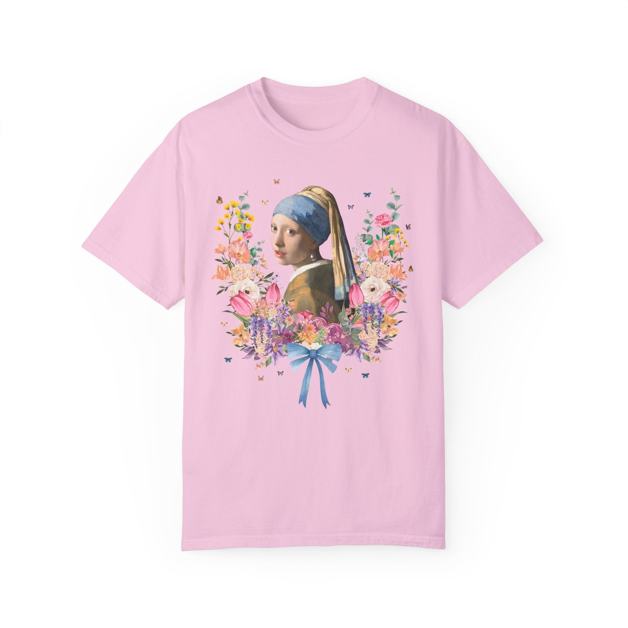 Girl with a Pearl Earring by Johannes Vermeer, Floral Collage with Butterflies, Boho Art History Tee Shirt, Famous Painting, Goblincore Tee - Opal and June