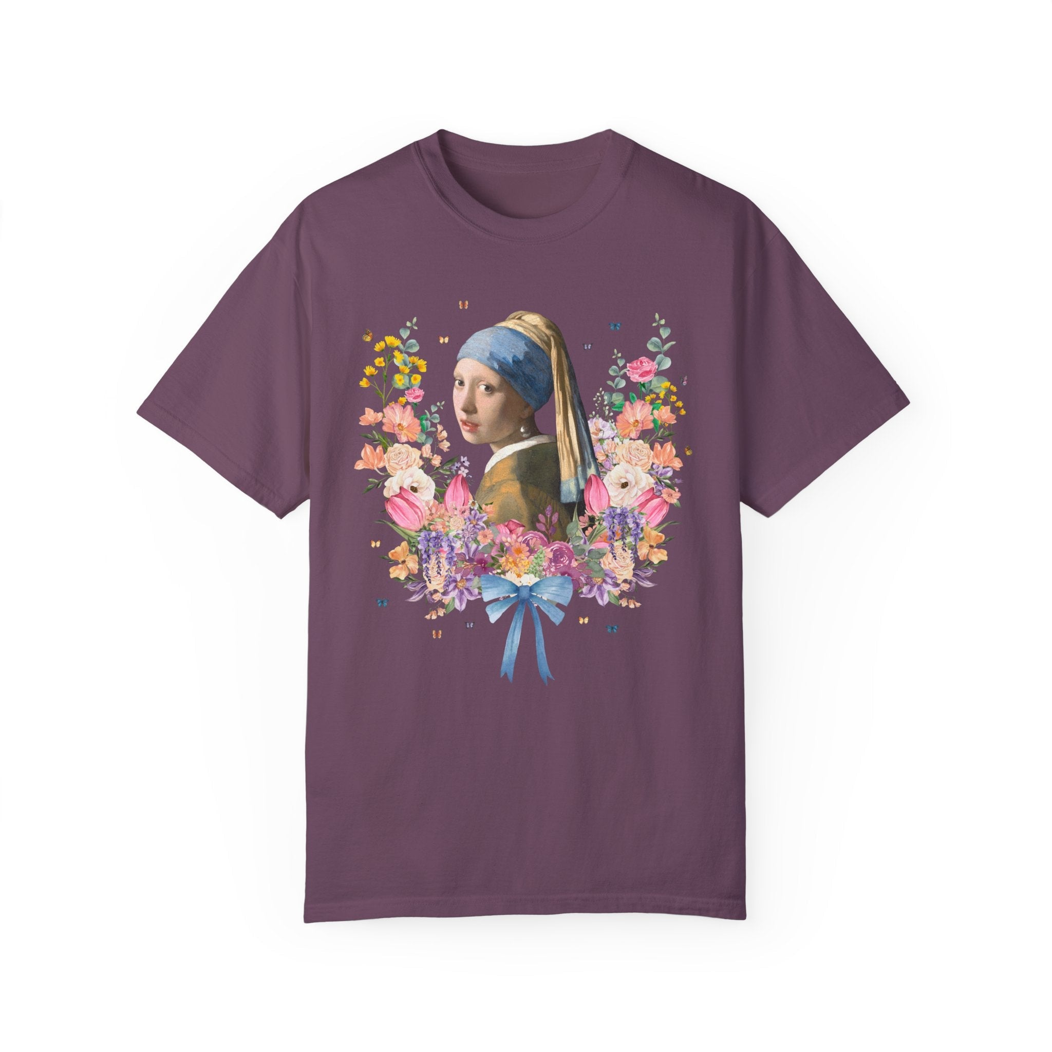 Girl with a Pearl Earring by Johannes Vermeer, Floral Collage with Butterflies, Boho Art History Tee Shirt, Famous Painting, Goblincore Tee - Opal and June
