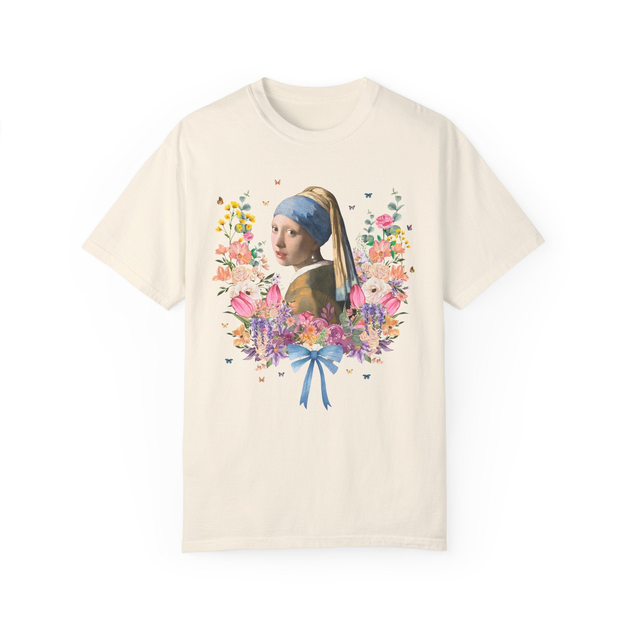 Girl with a Pearl Earring by Johannes Vermeer, Floral Collage with Butterflies, Boho Art History Tee Shirt, Famous Painting, Goblincore Tee - Opal and June