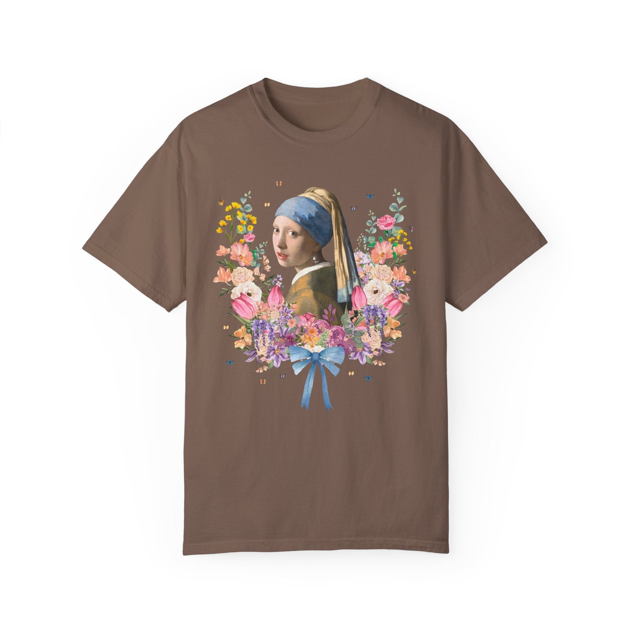 Girl with a Pearl Earring by Johannes Vermeer, Floral Collage with Butterflies, Boho Art History Tee Shirt, Famous Painting, Goblincore Tee - Opal and June