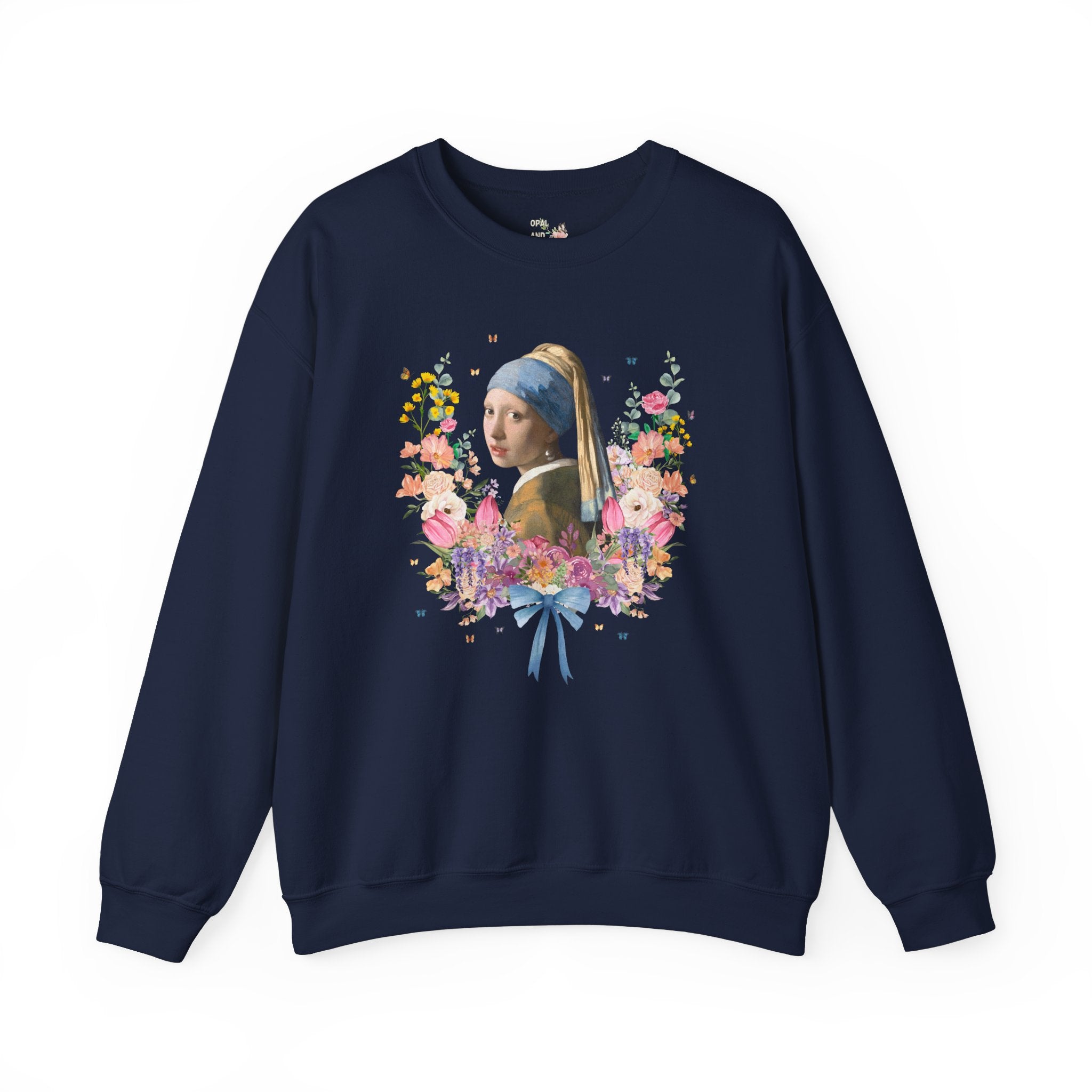Girl with a Pearl Earring, Johannes Vermeer, Floral Collage with Butterflies, Boho Art History Sweatshirt, Famous Painting, Goblincore Gift - Opal and June