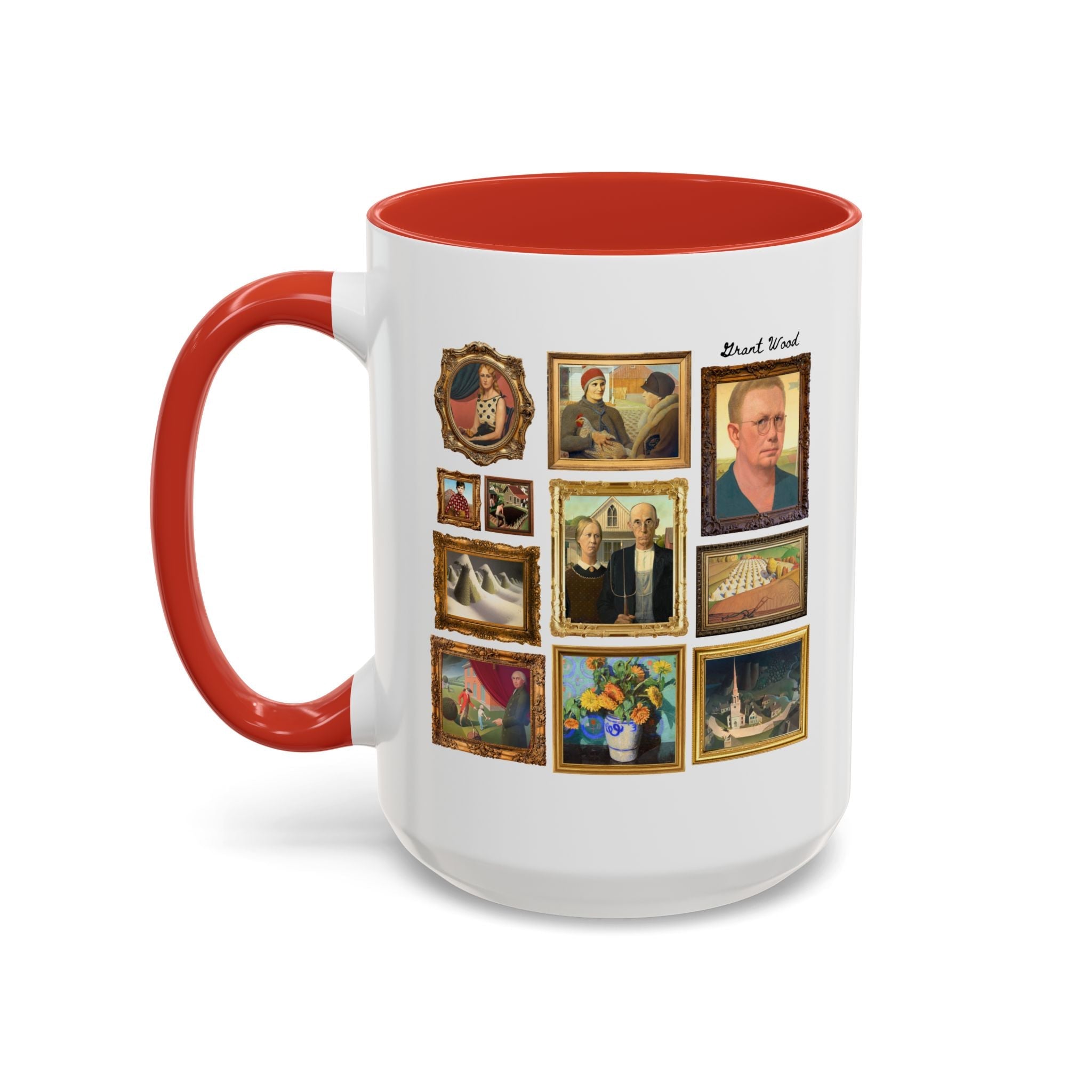 Grant Wood Art History Coffee Mug with Famous Paintings Including American Gothic, The Midnight Ride of Paul Revere, Regionalism 1900s Art - Opal and June